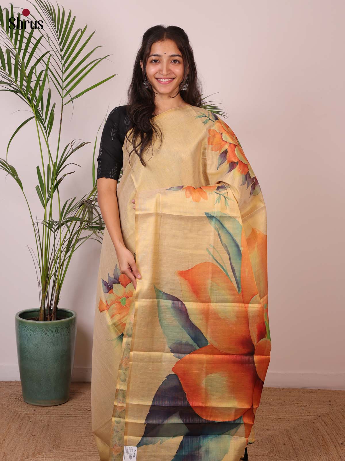 Gold & Orange - Semi Jute Saree - Shop on Shrus.com