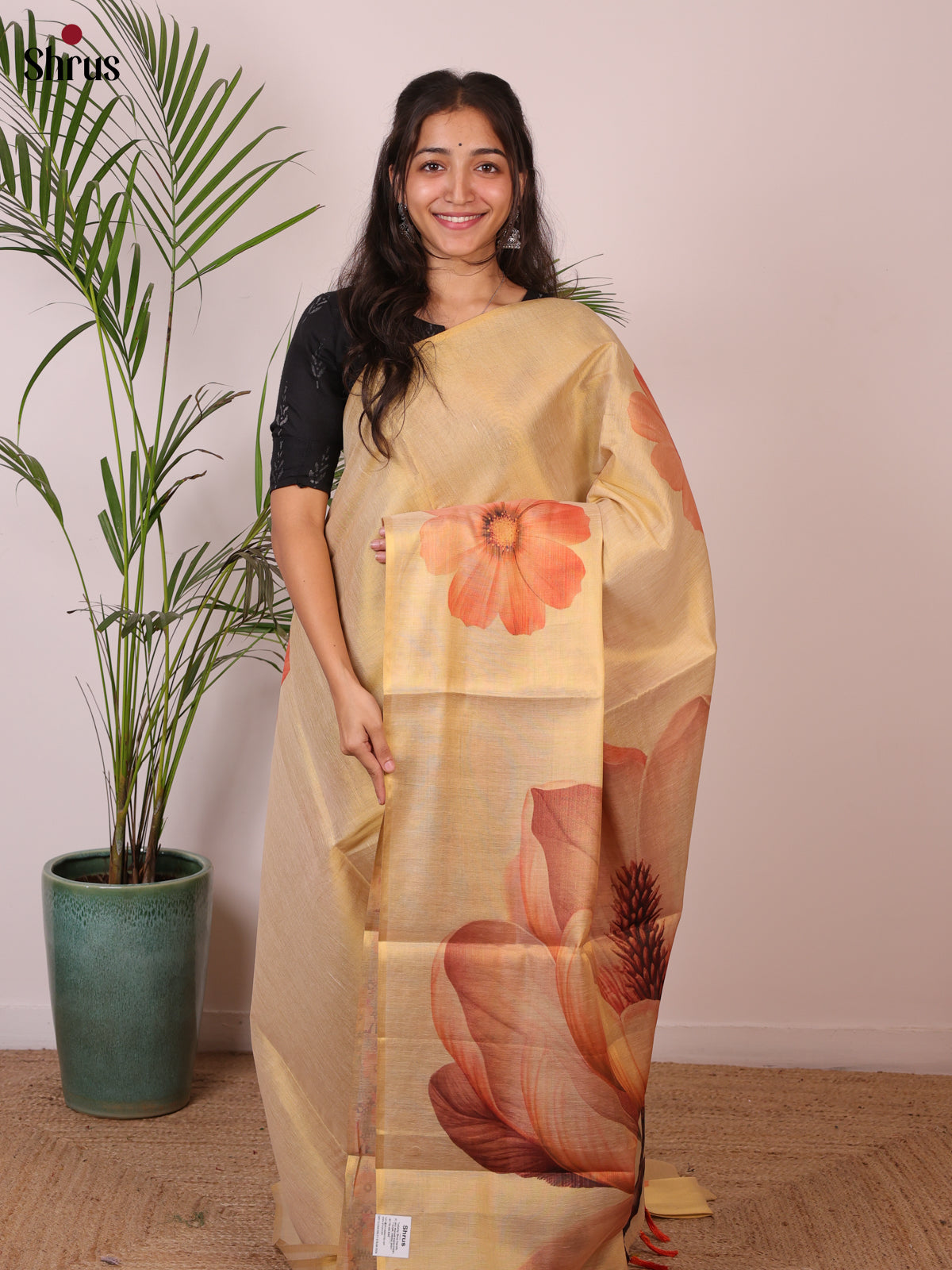 Gold & Orange - Semi Jute Saree - Shop on Shrus.com