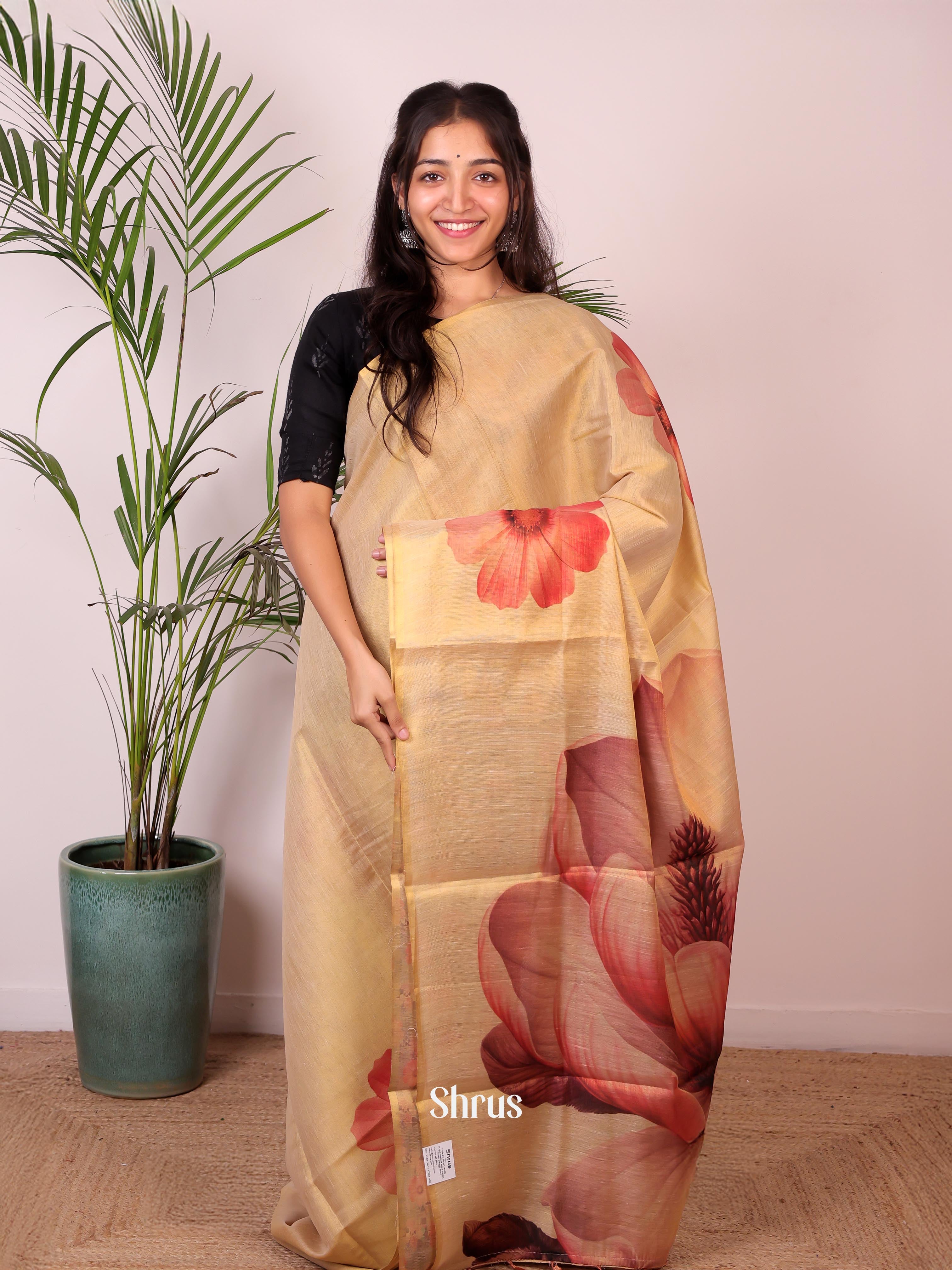 Gold & Red - Semi Jute Saree - Shop on Shrus.com