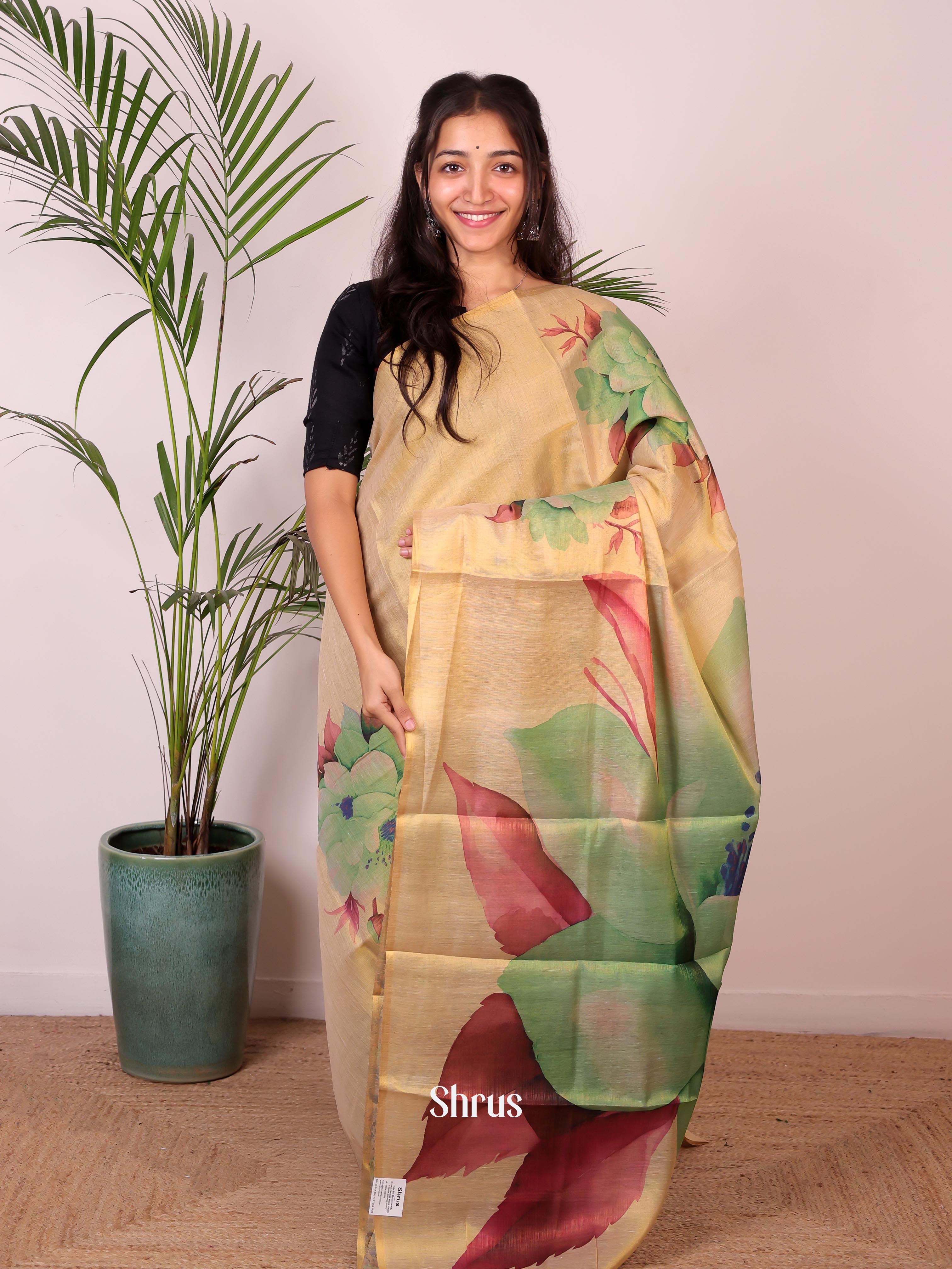 Gold & Green - Semi Jute Saree - Shop on Shrus.com