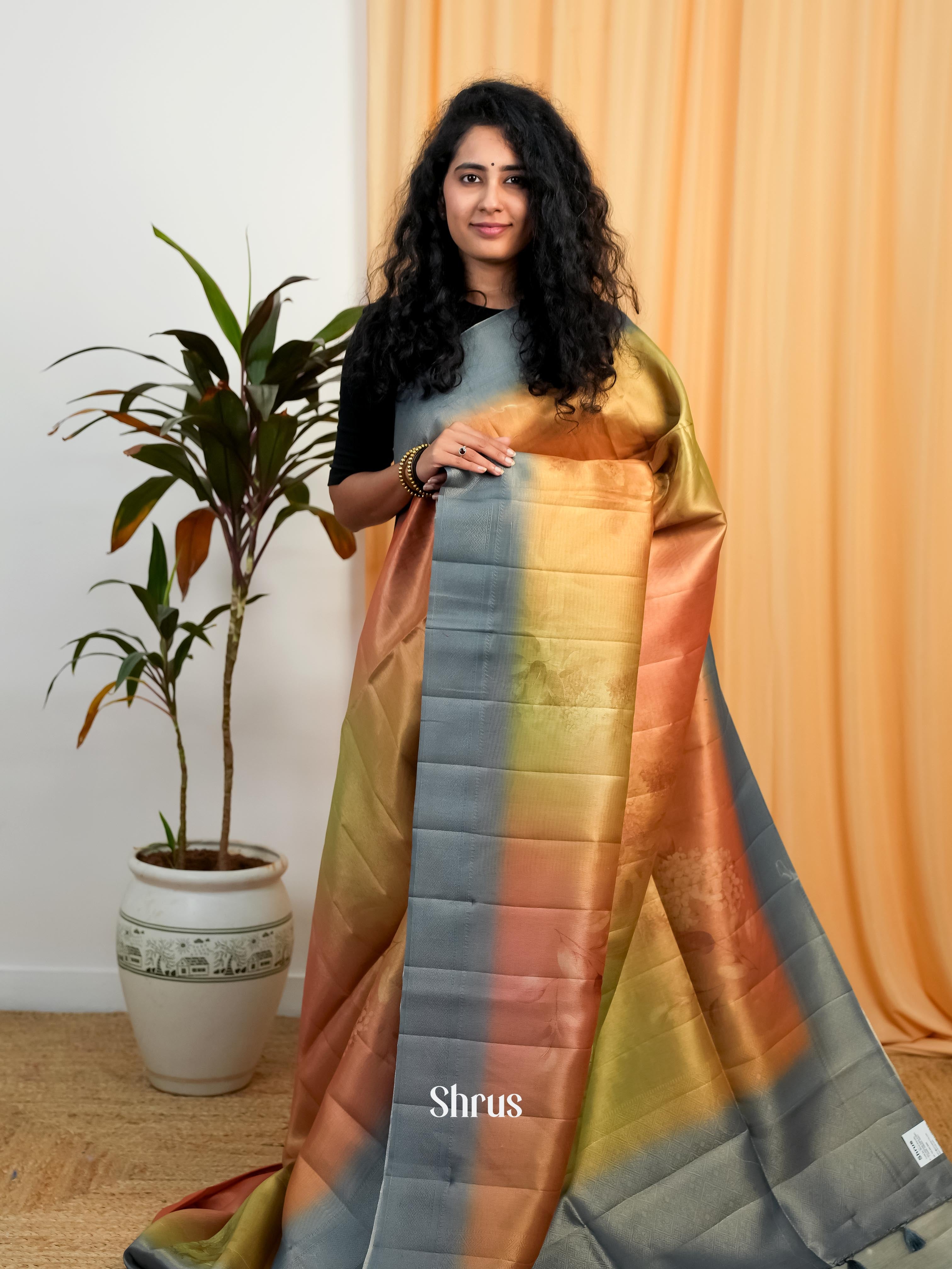 Green & Grey- Moonga Saree - Shop on Shrus.com
