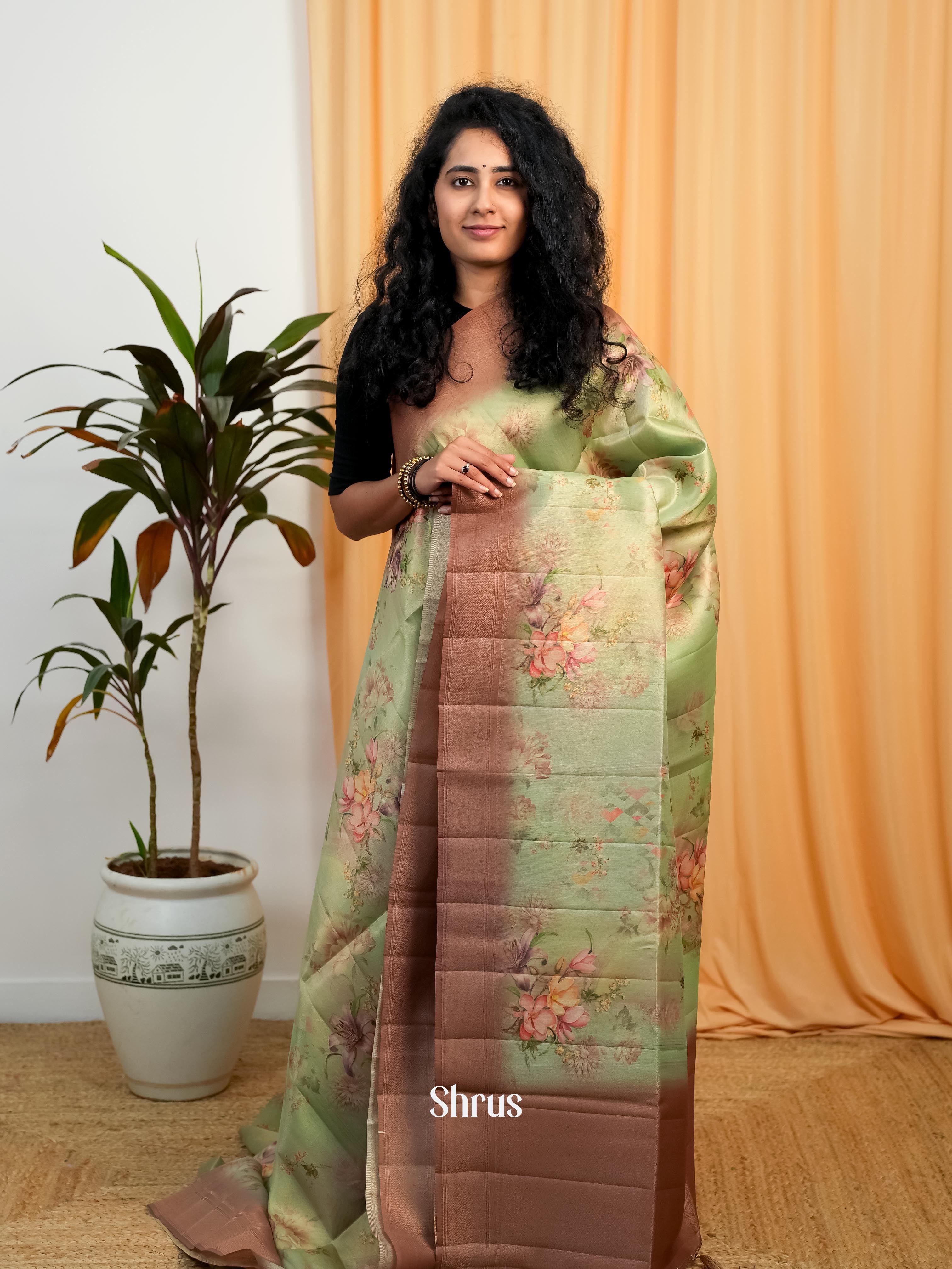 Green & Brown - Moonga Saree - Shop on Shrus.com
