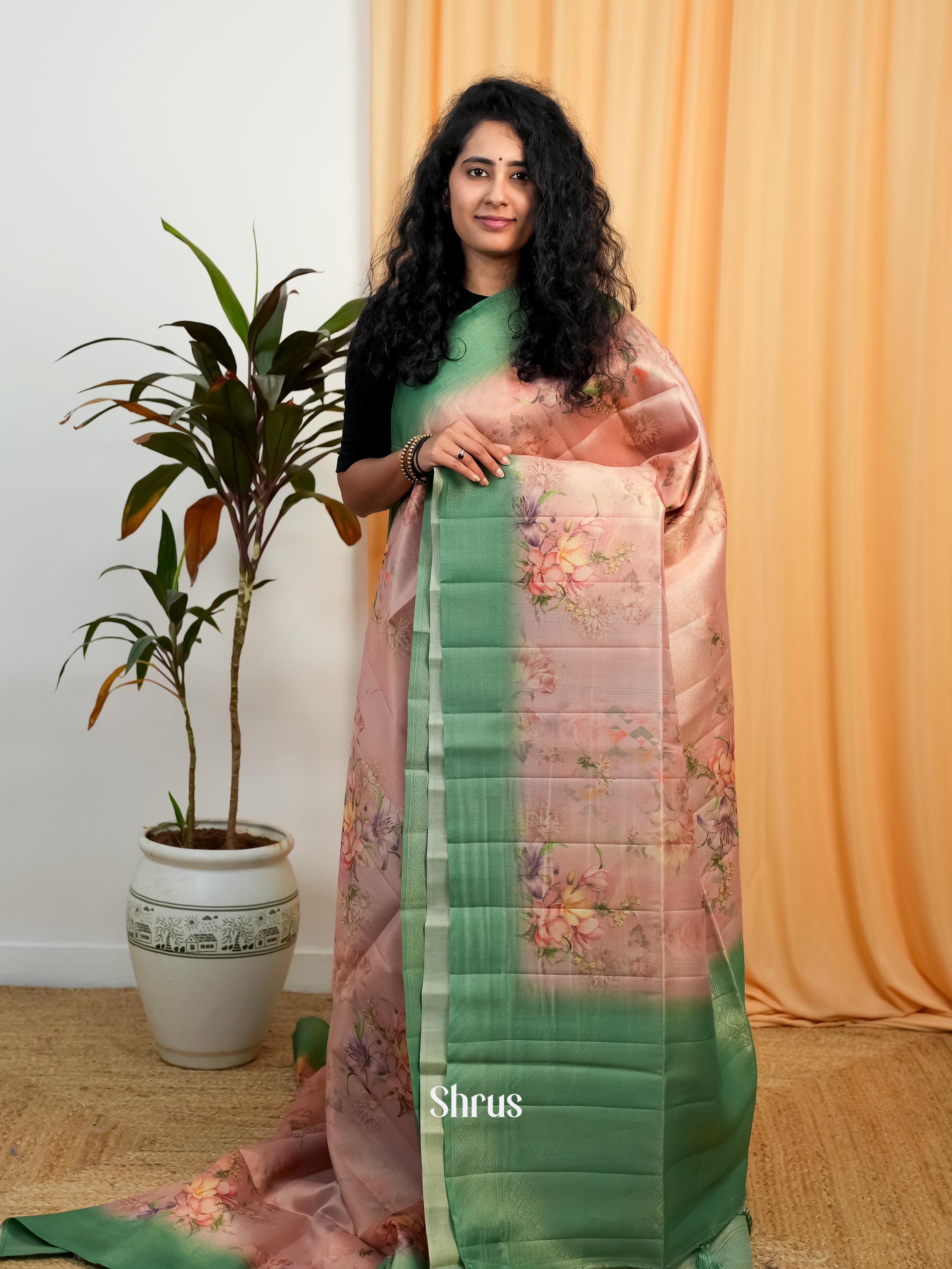 Dusty Pink & Green - Moonga Saree - Shop on Shrus.com