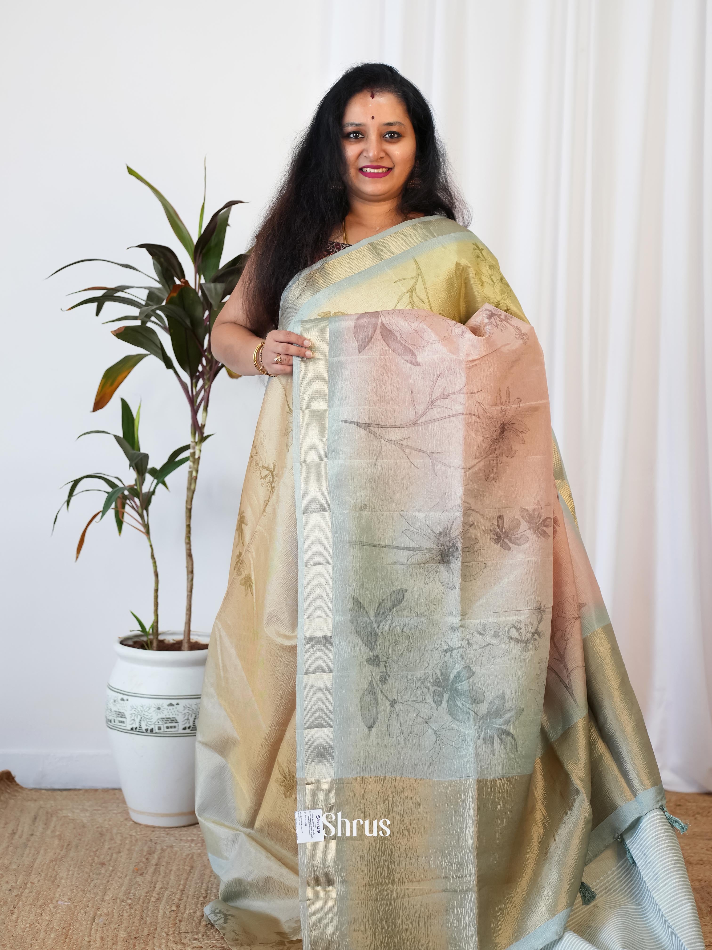 Yellow & Pink - Bamboo Silk Saree - Shop on Shrus.com