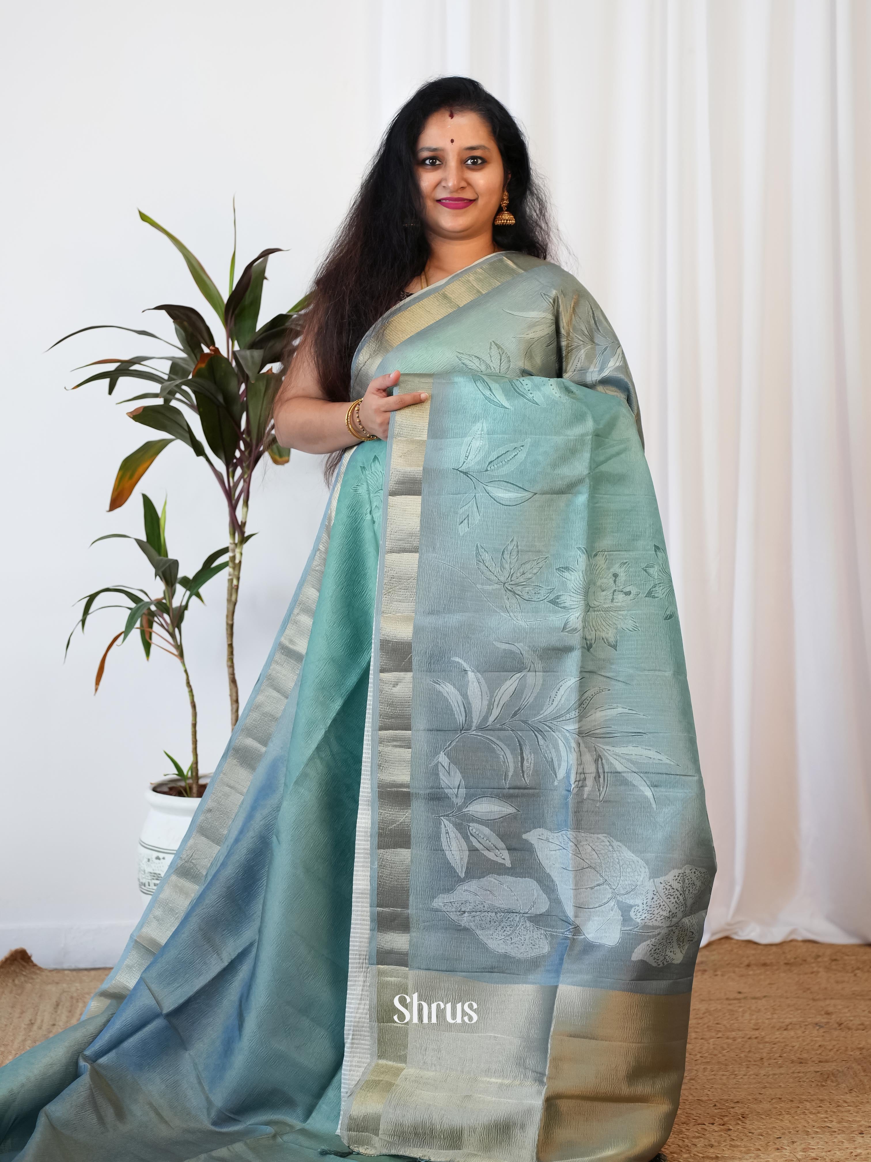 Green & Grey- Bamboo Silk Saree - Shop on Shrus.com
