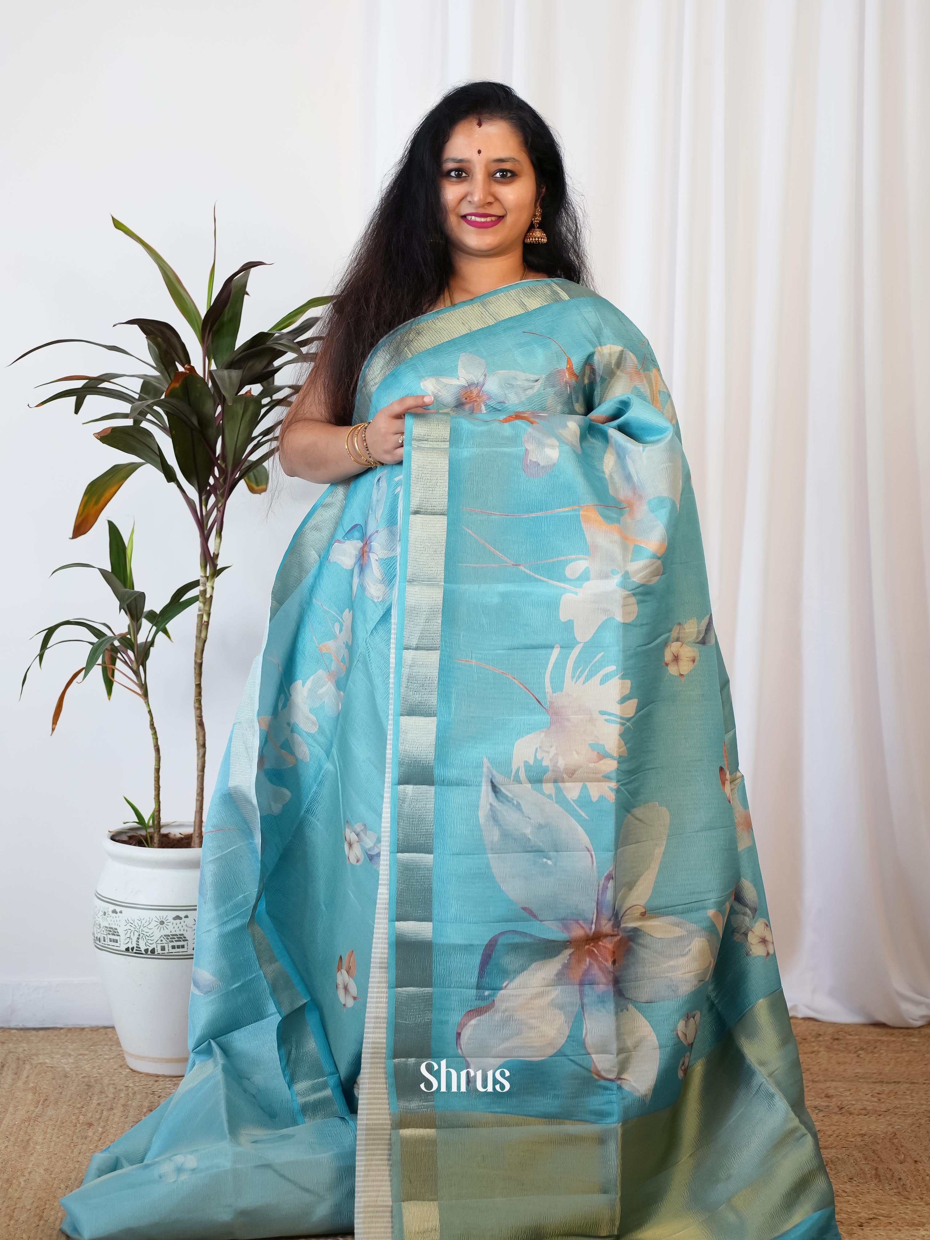 Sky Blue- Bamboo Silk Saree - Shop on Shrus.com
