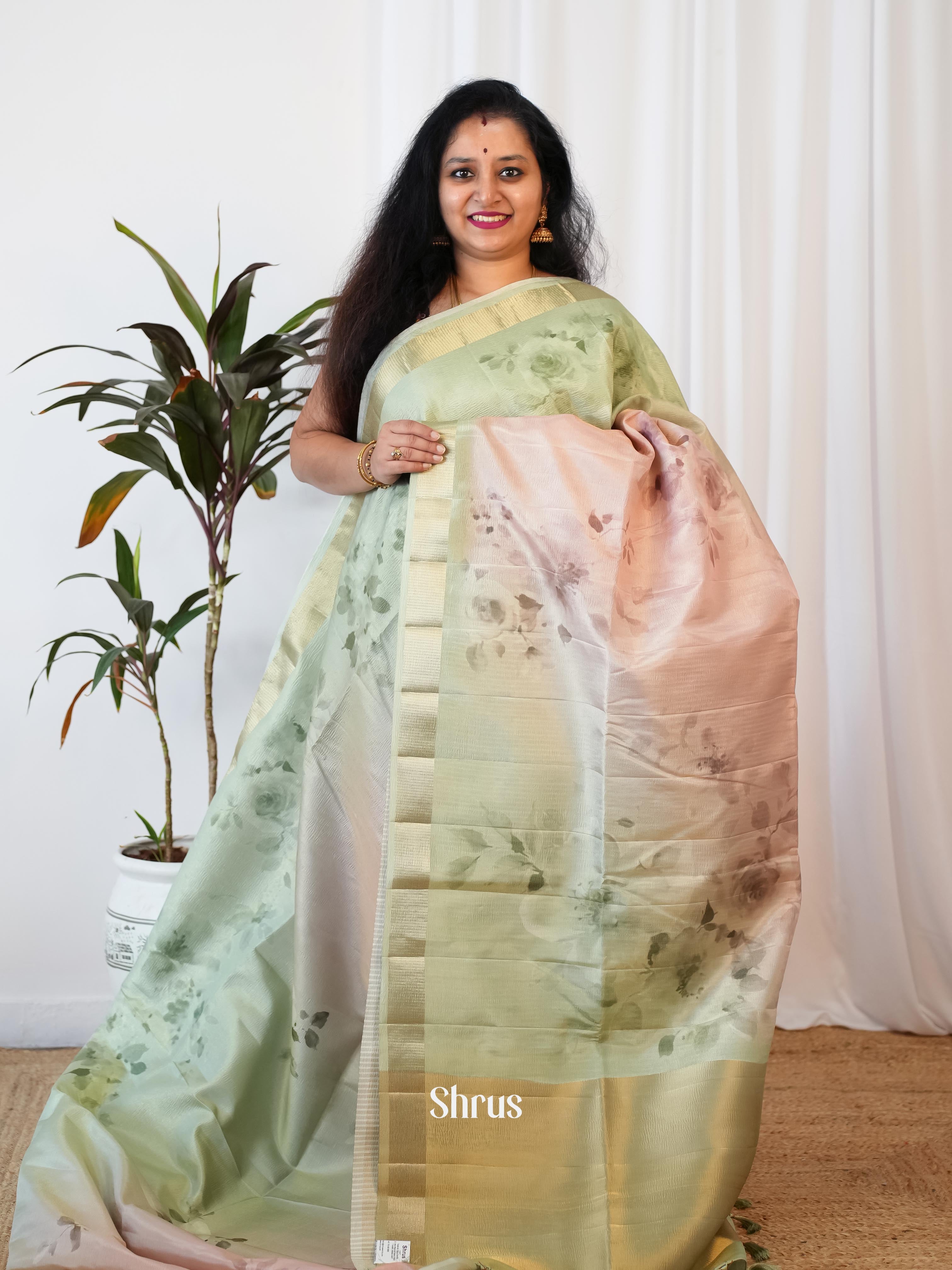 Peach & Green - Bamboo Silk Saree - Shop on Shrus.com