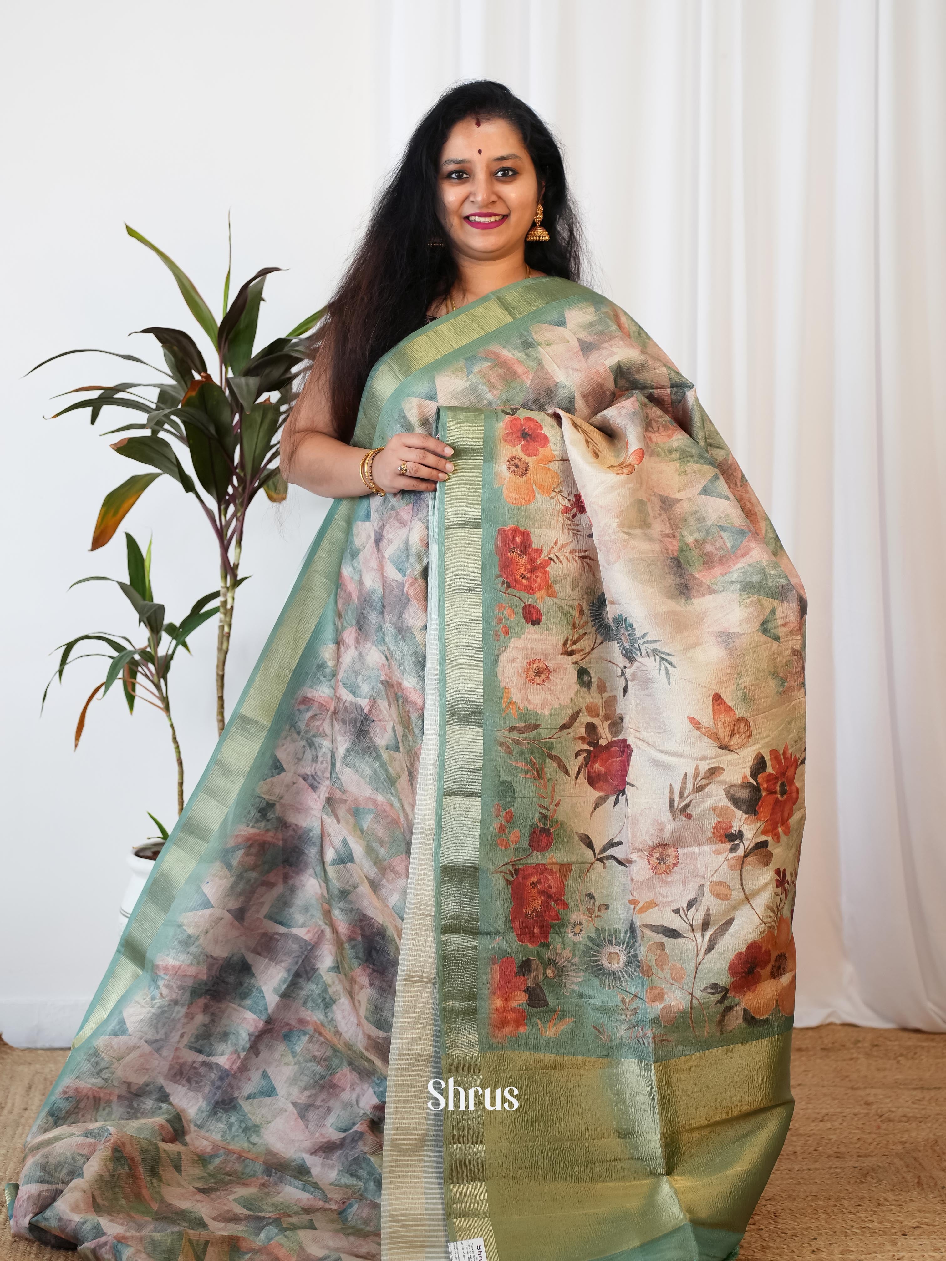 Grey & Green - Bamboo Silk Saree - Shop on Shrus.com