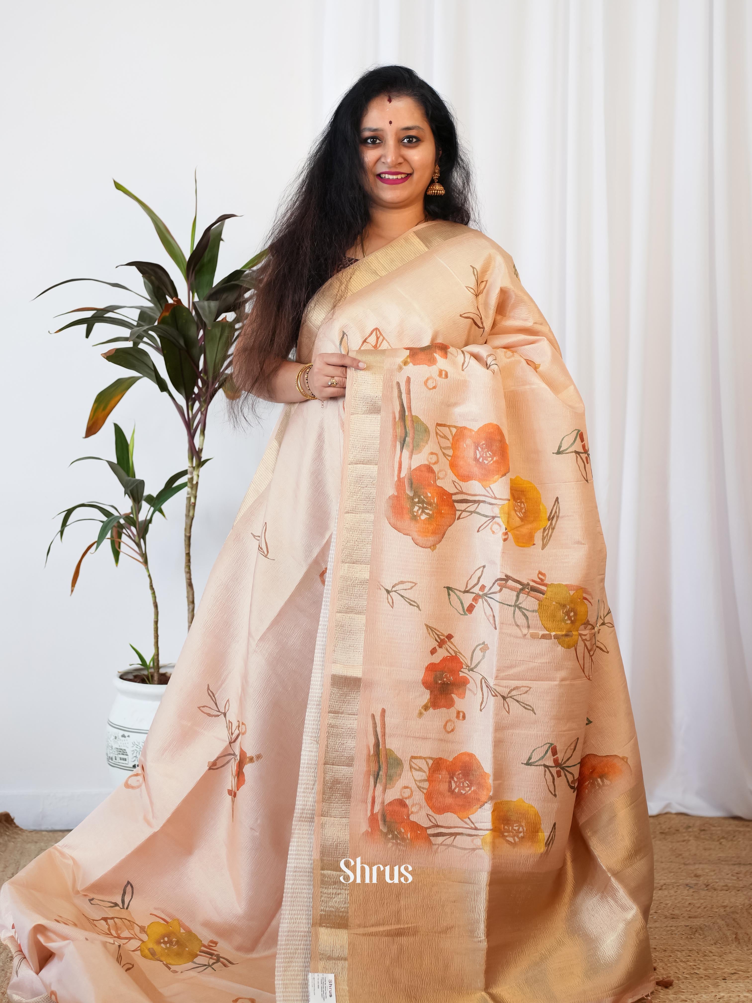 Cream- Bamboo Silk Saree - Shop on Shrus.com