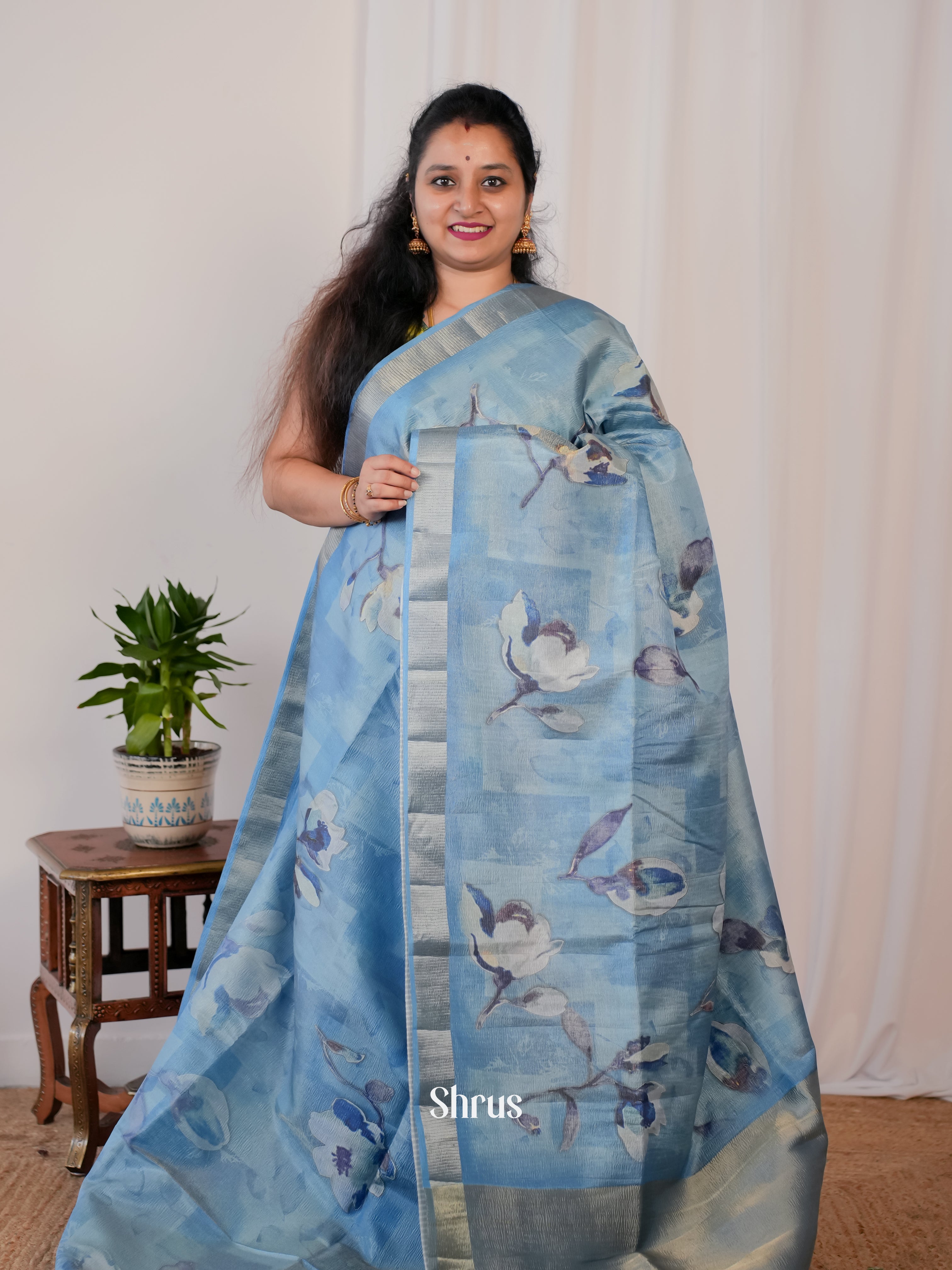 Blue- Bamboo silk Saree - Shop on Shrus.com