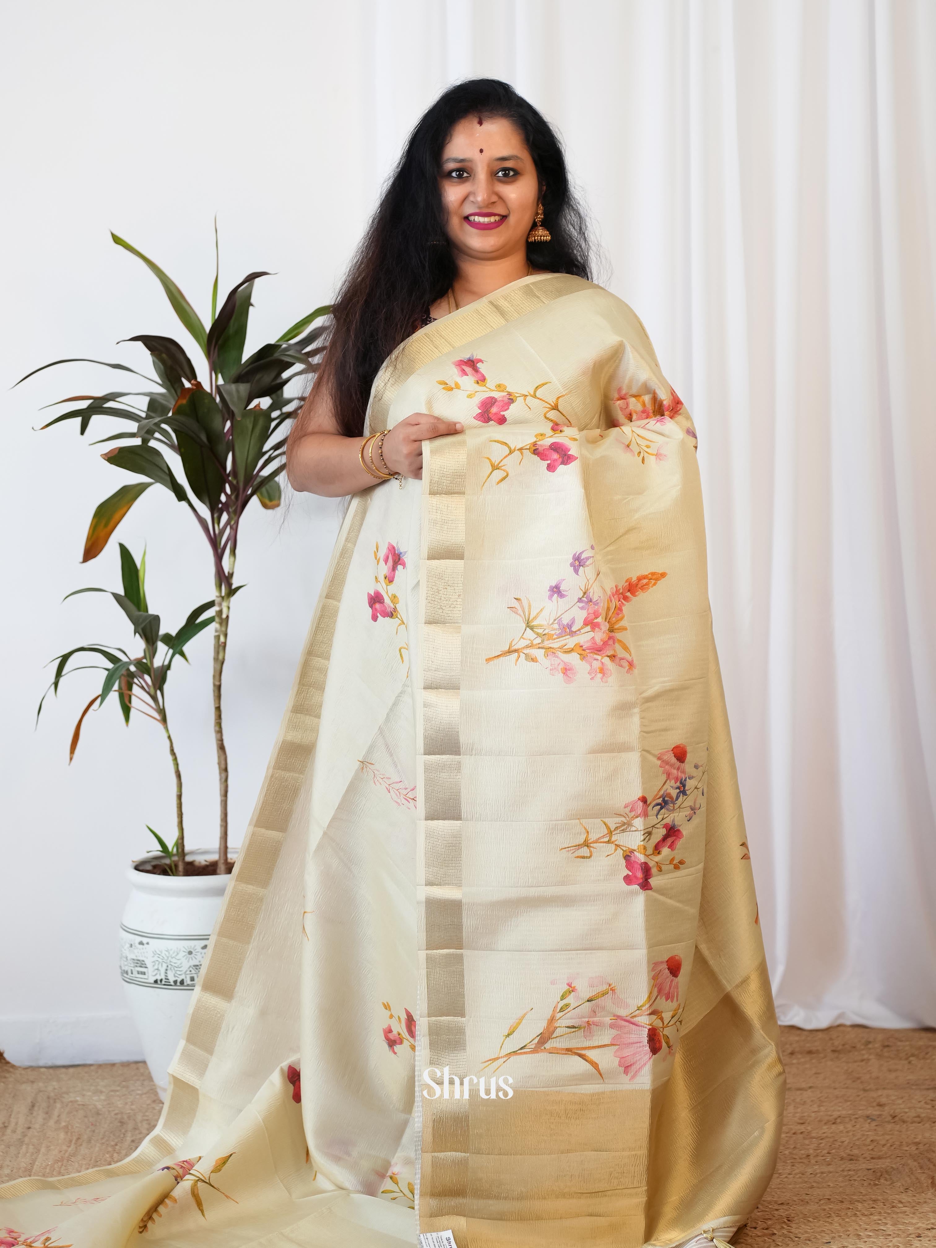 Cream - Bamboo Silk Saree - Shop on Shrus.com