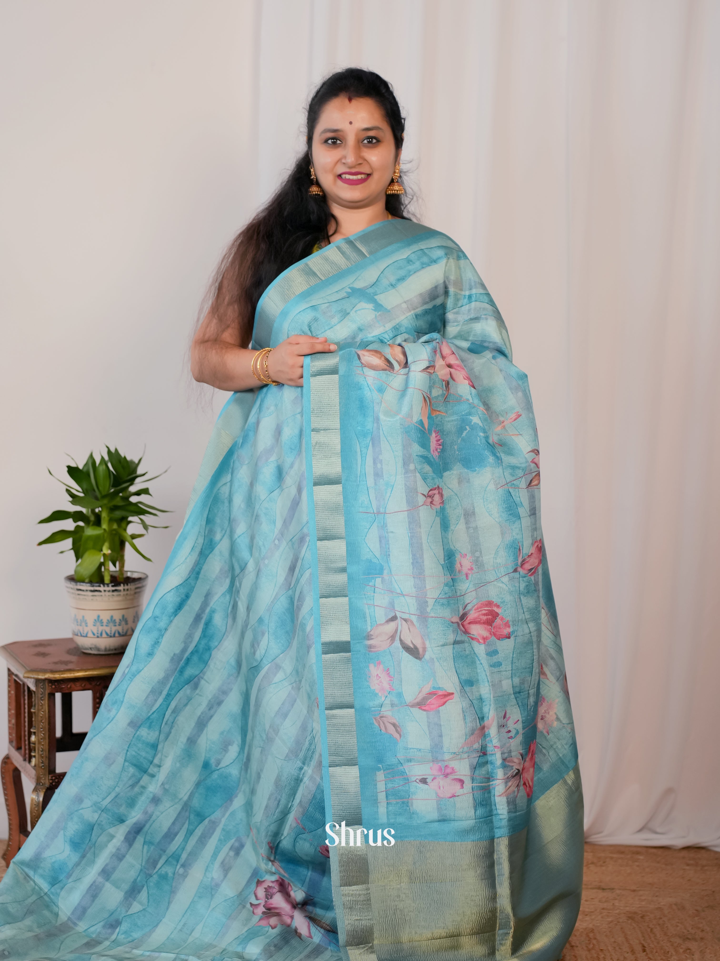 Blue- Bamboo silk Saree - Shop on Shrus.com