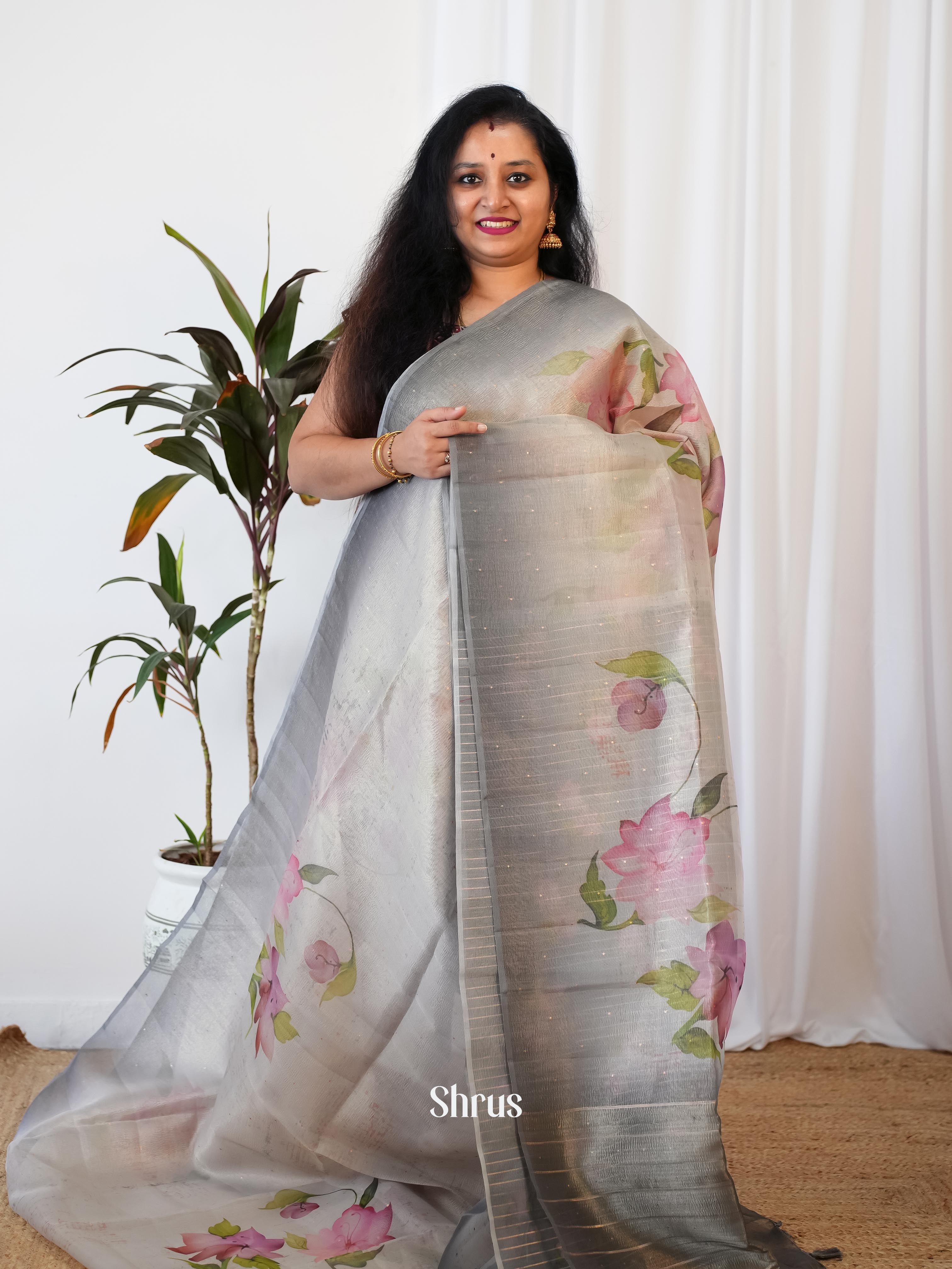 Grey - Bamboo Silk Saree - Shop on Shrus.com