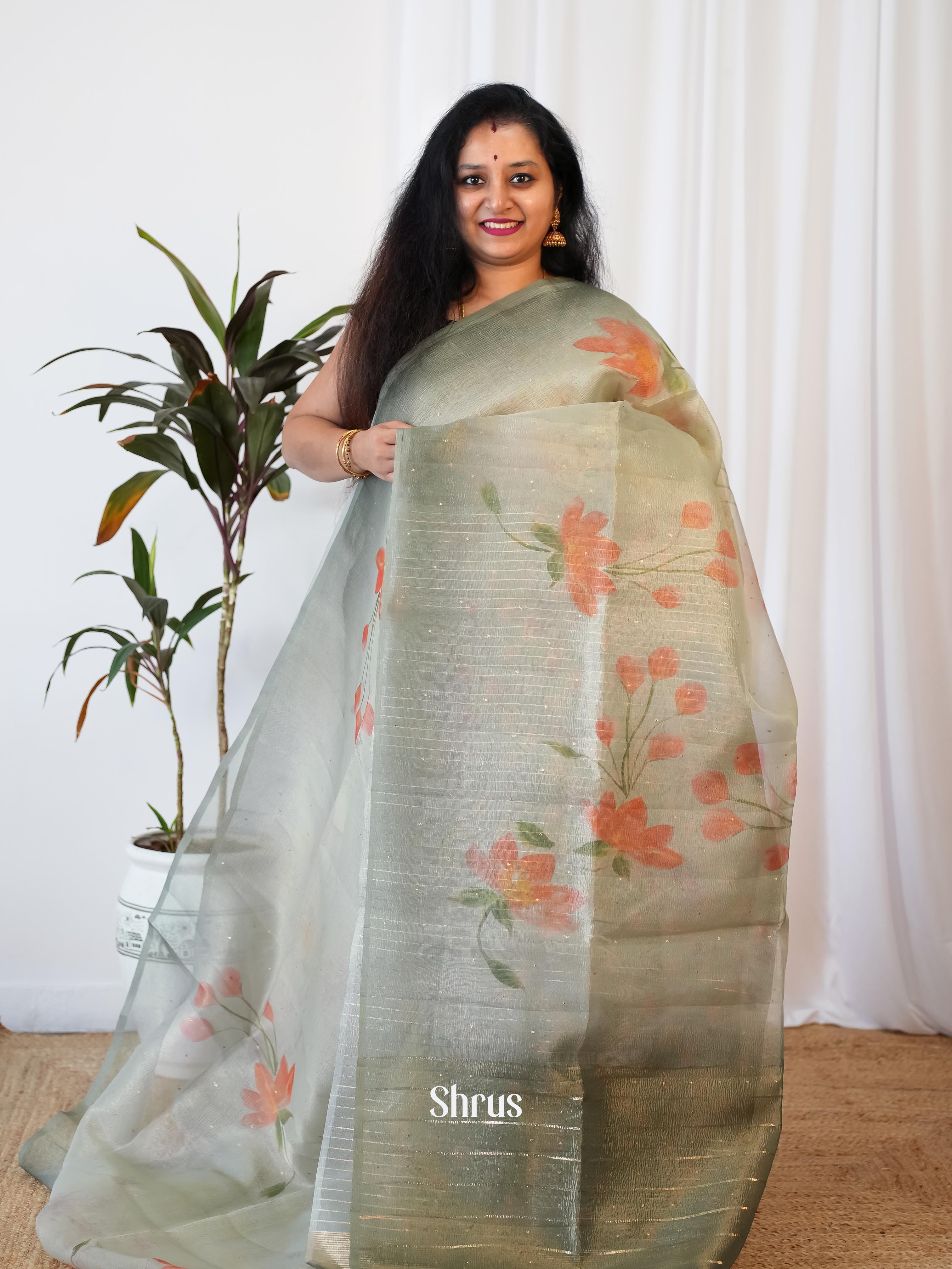Grey & Green - Bamboo Silk Saree - Shop on Shrus.com