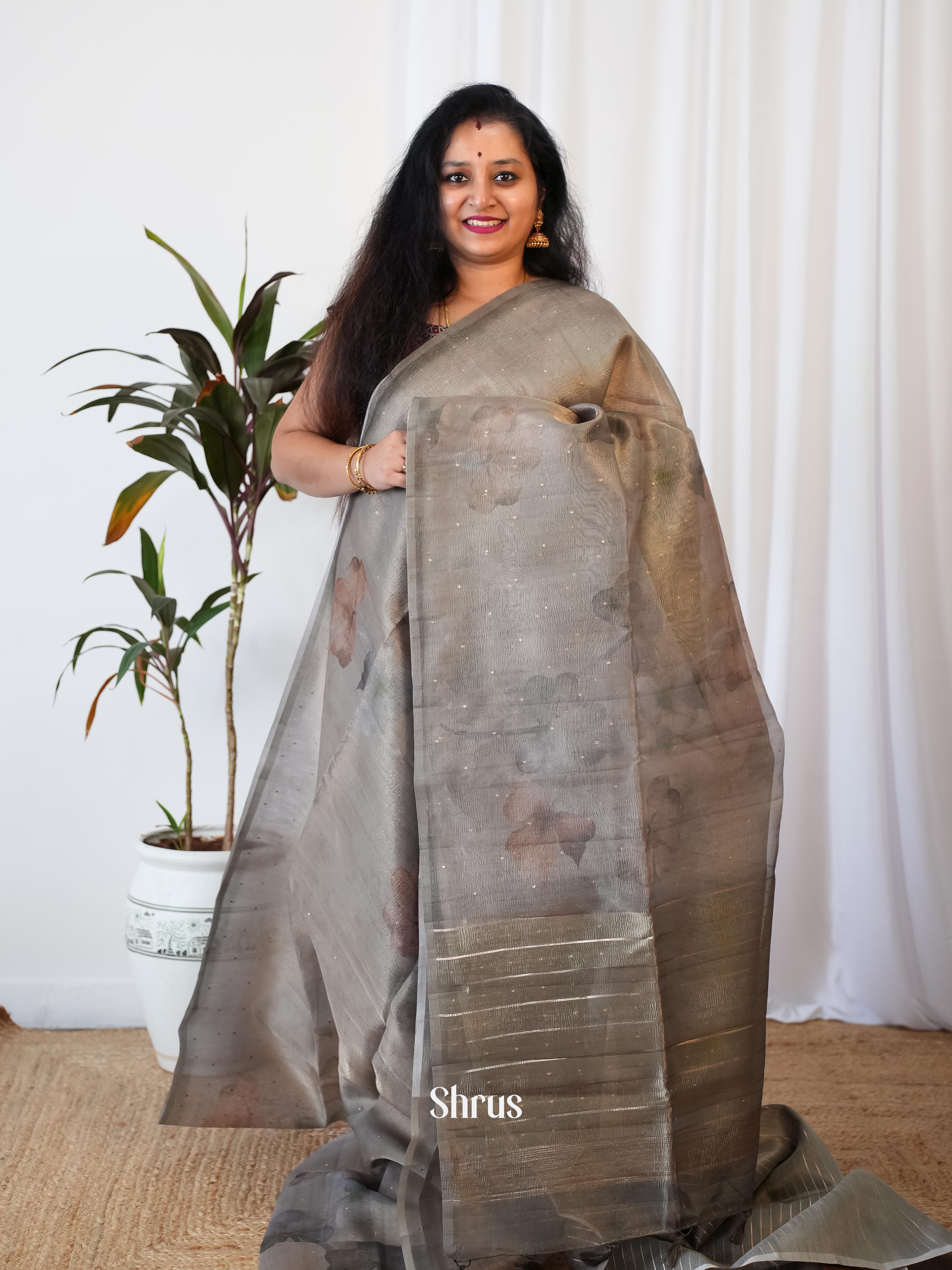 Grey - Bamboo Silk Saree - Shop on Shrus.com