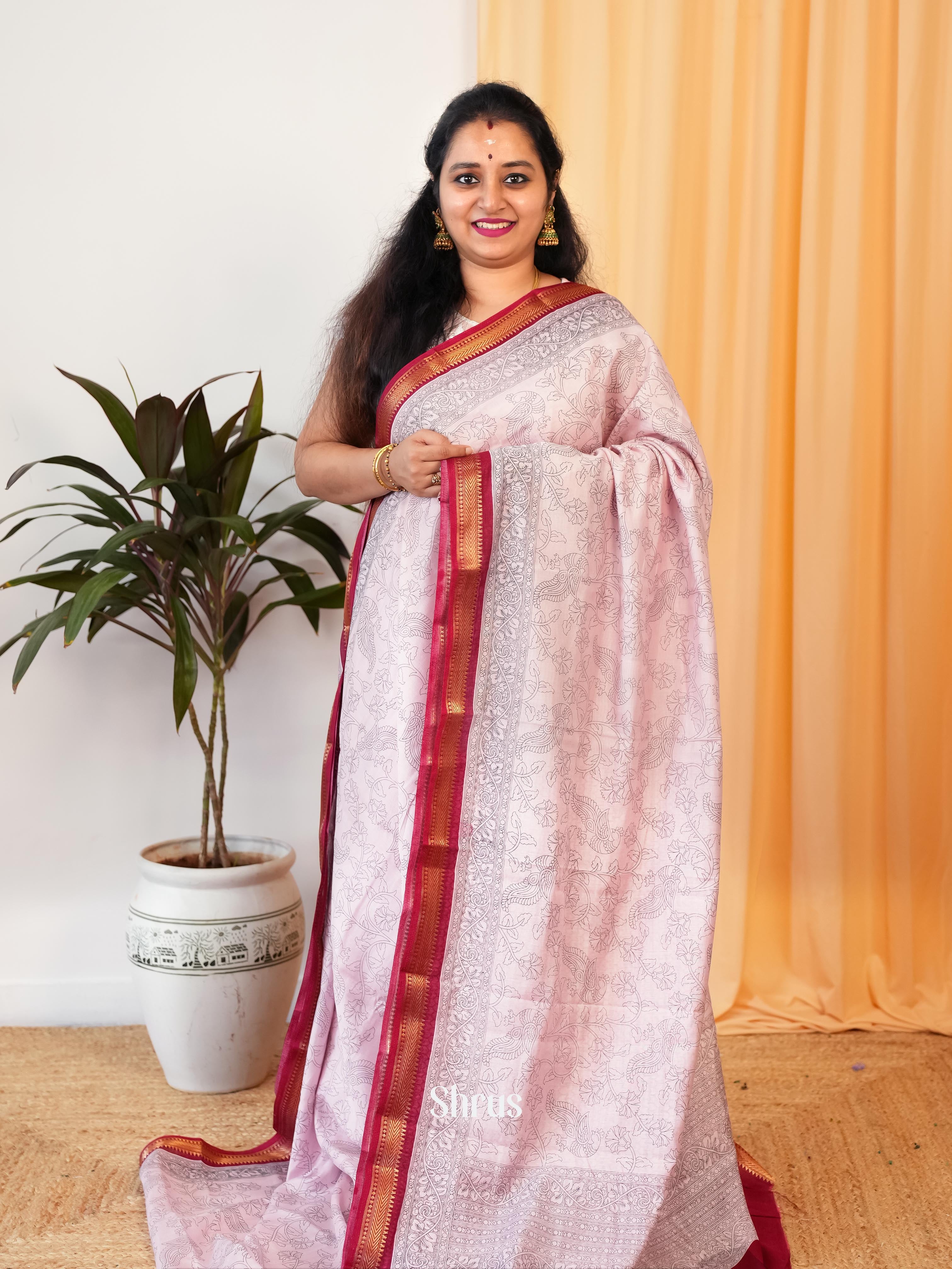 Cream & Red - Art Modal Saree - Shop on Shrus.com