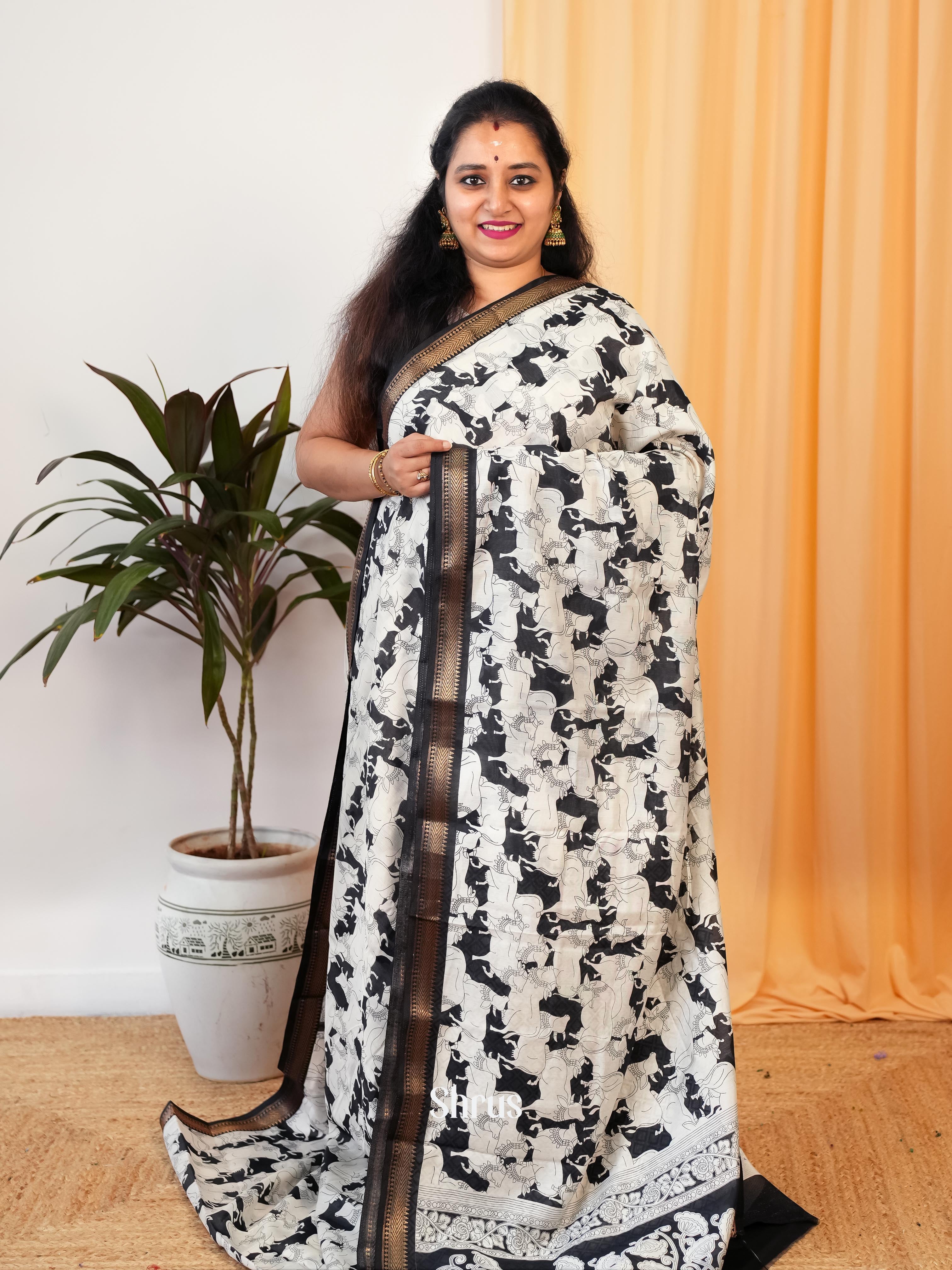 Cream & Black- Art Modal Saree - Shop on Shrus.com
