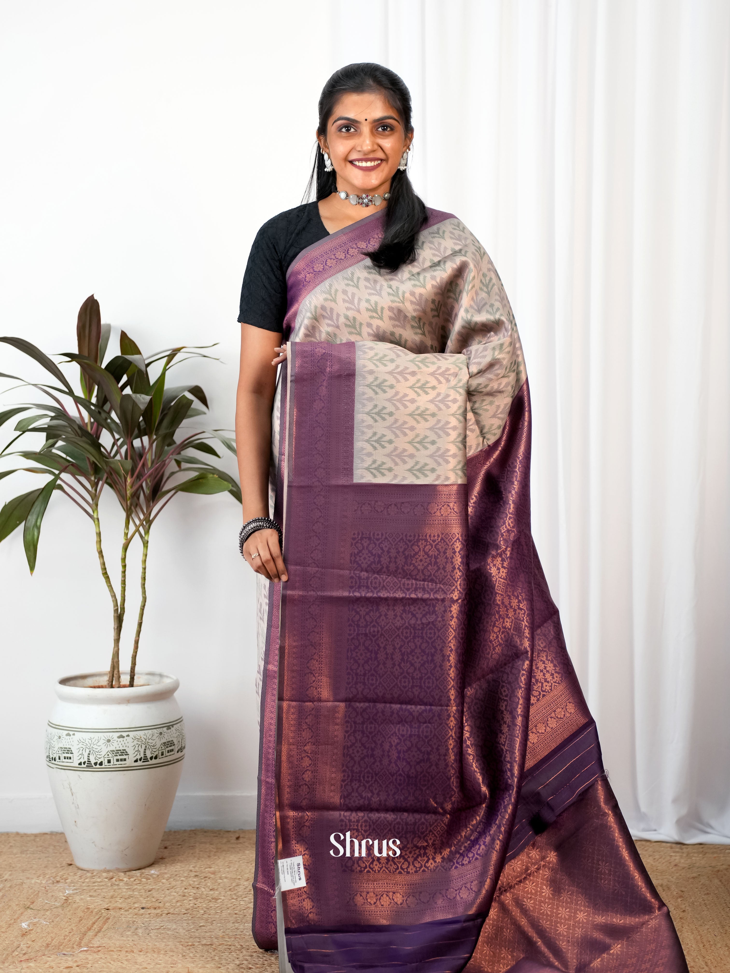 Grey & Violet- Semi Arani Silk - Shop on Shrus.com