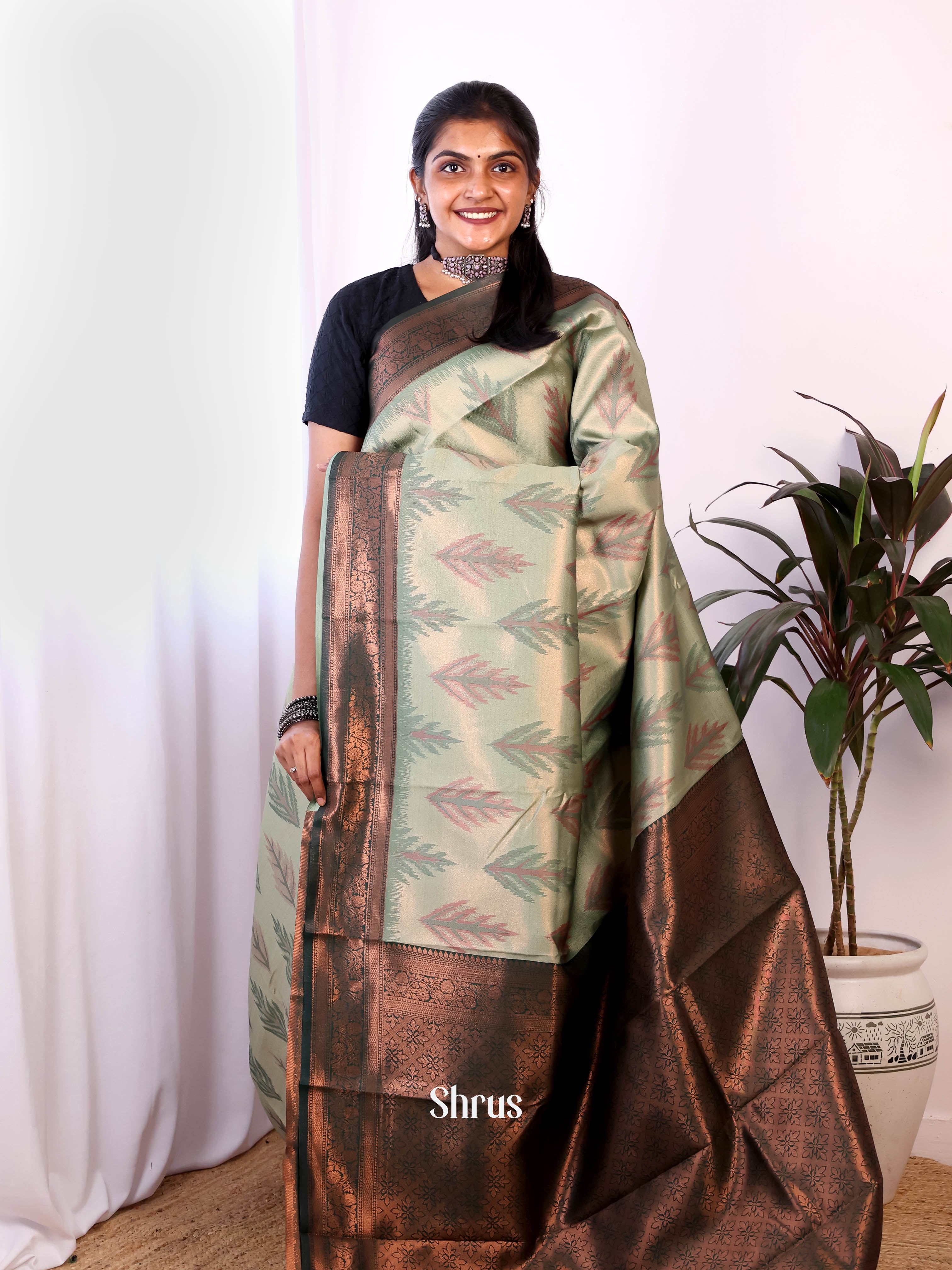 Pastel Green & Green - Semi Arani Silk Saree - Shop on Shrus.com
