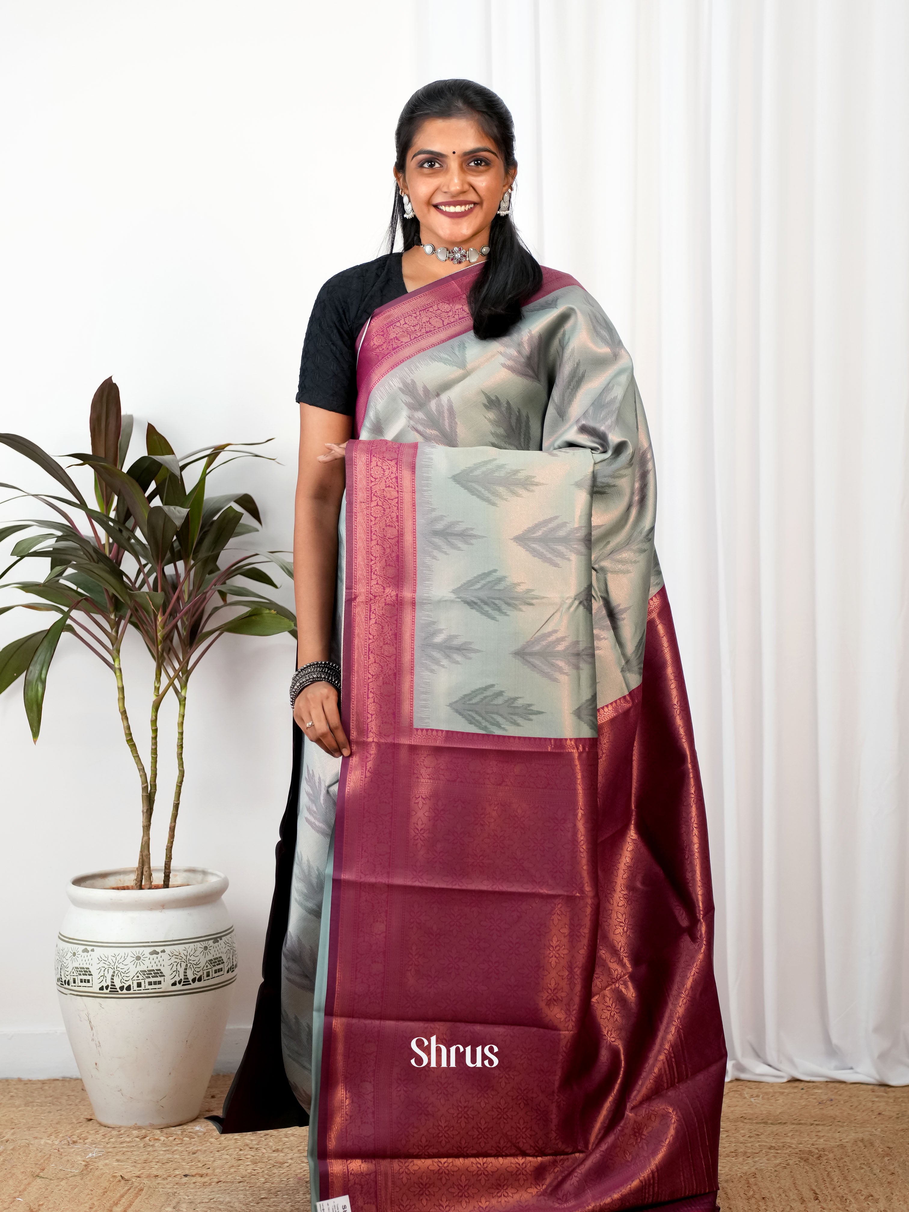 Grey & Maroon - Semi Arani Silk - Shop on Shrus.com