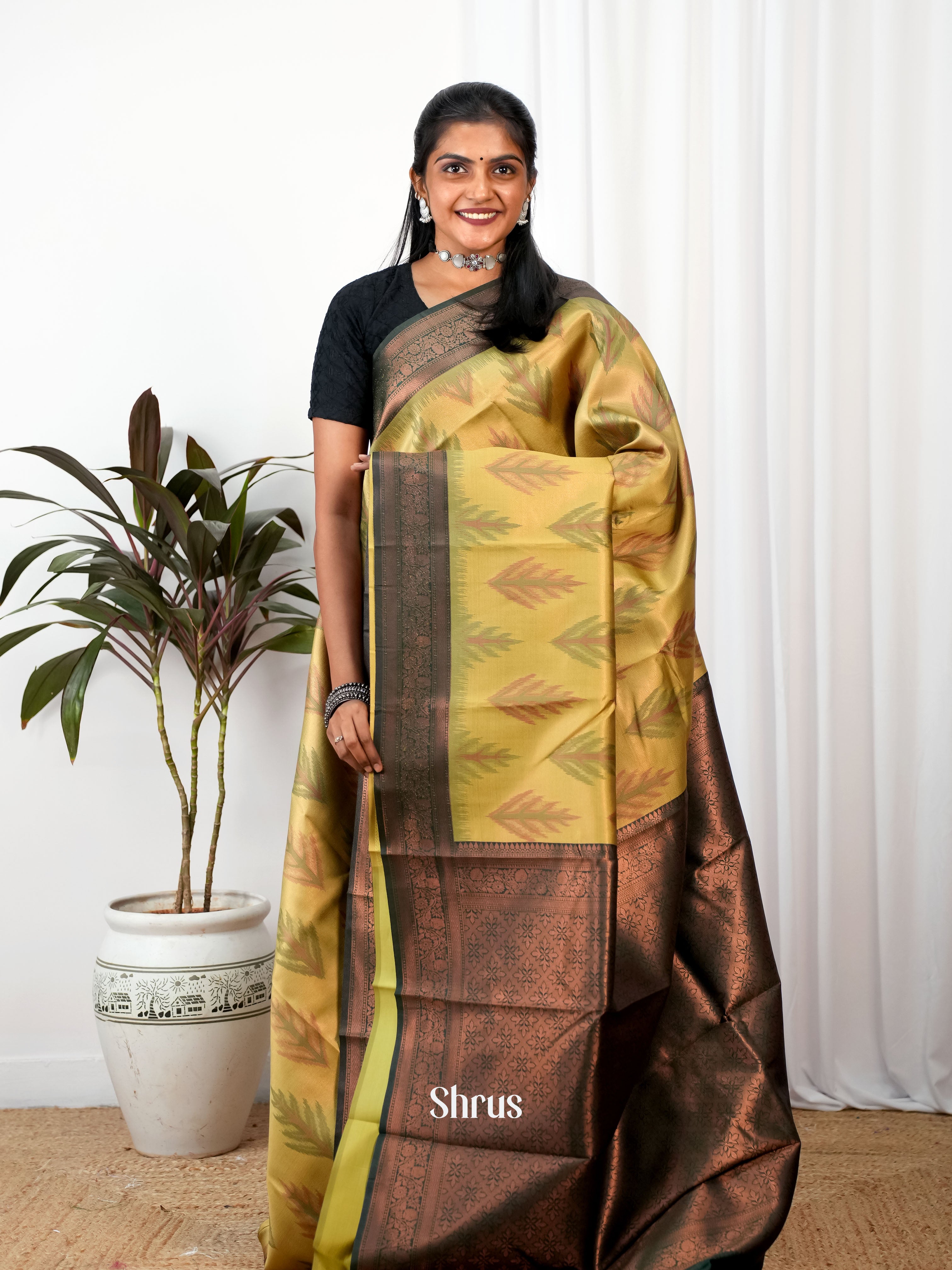 Mustardy Green & Green - Semi Arani Silk - Shop on Shrus.com