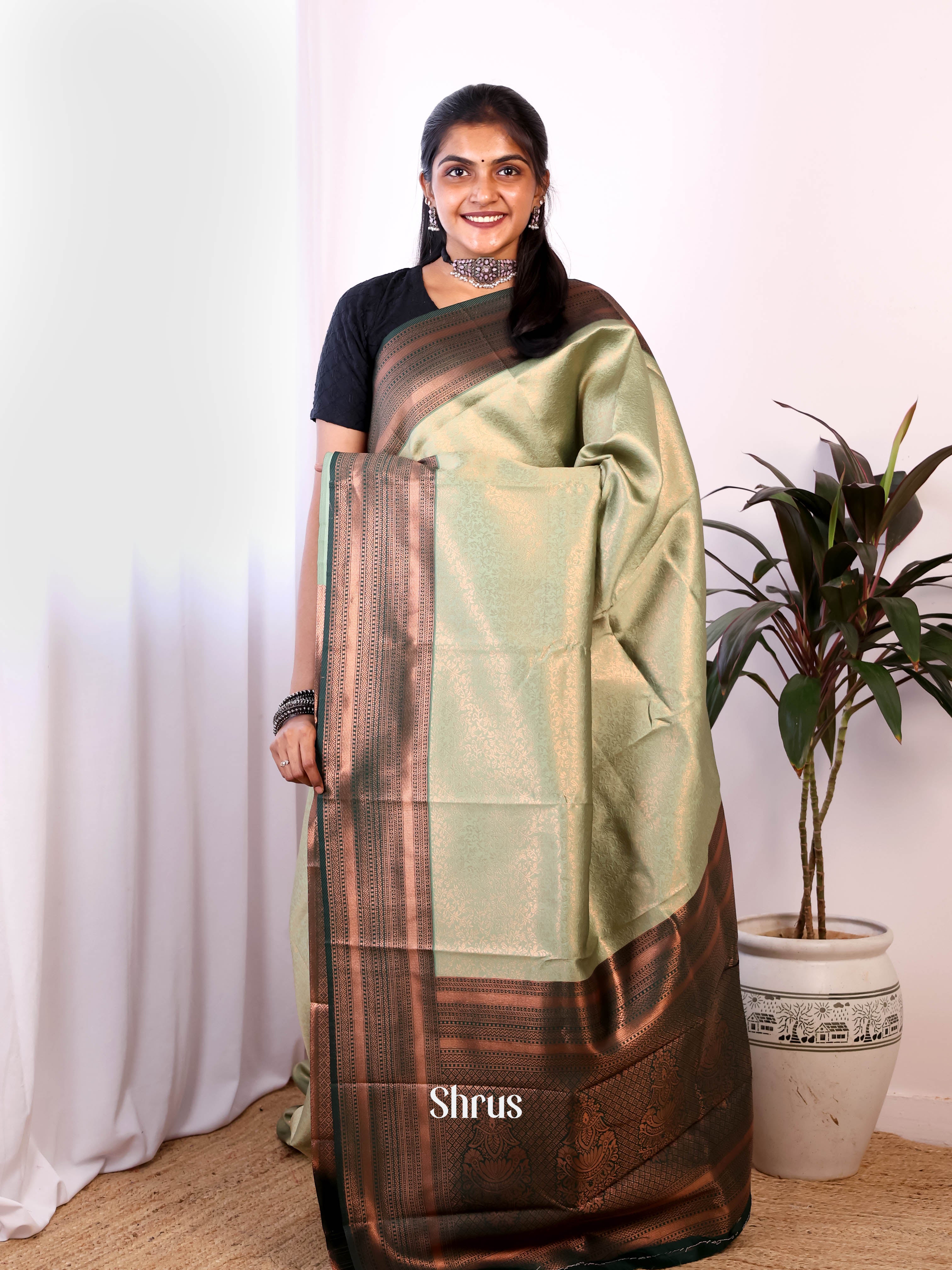 Pastel Green & Green - Semi Arani Silk Saree - Shop on Shrus.com
