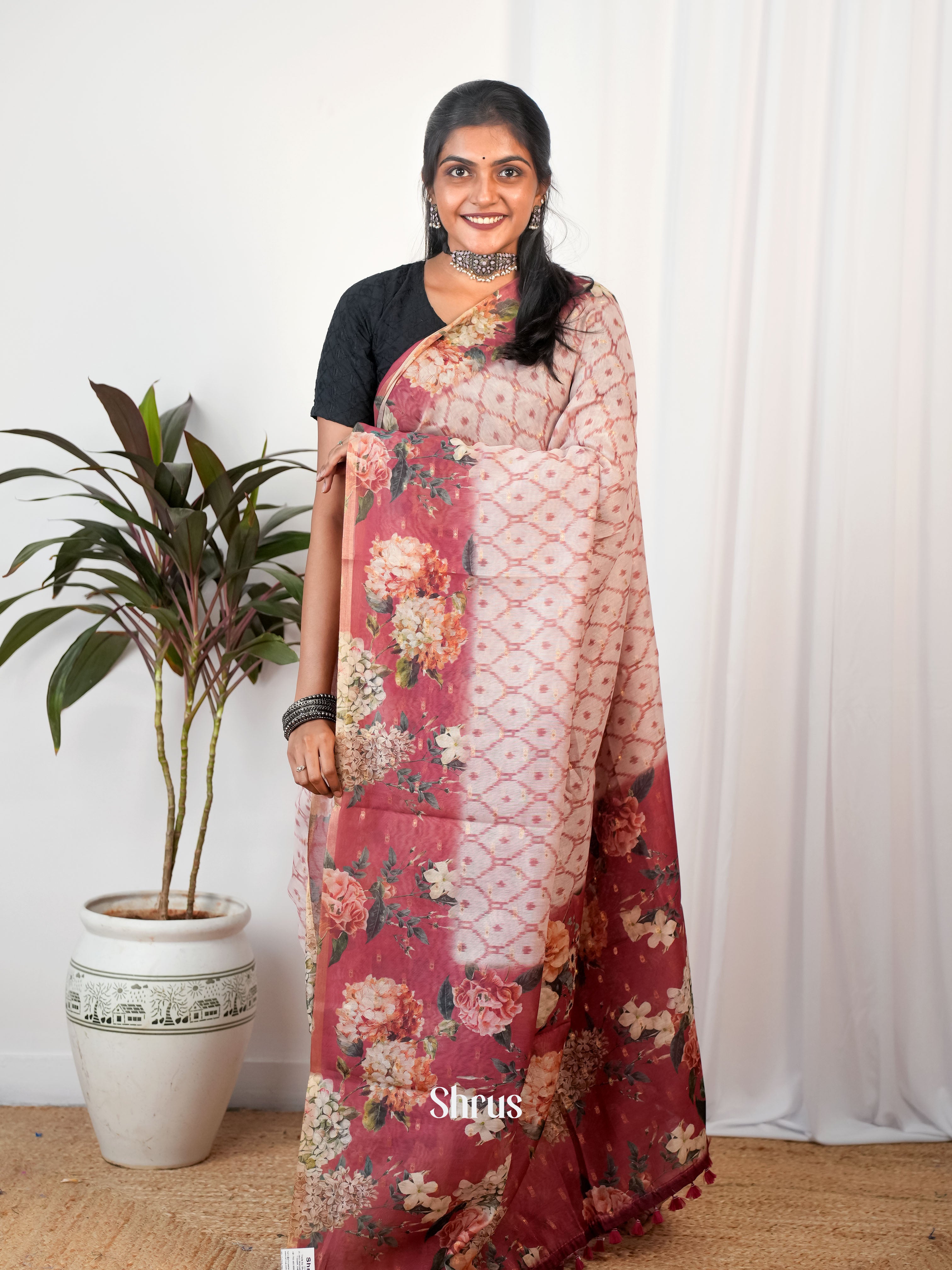 Pink & Maroon- Semi Chanderi Saree - Shop on Shrus.com