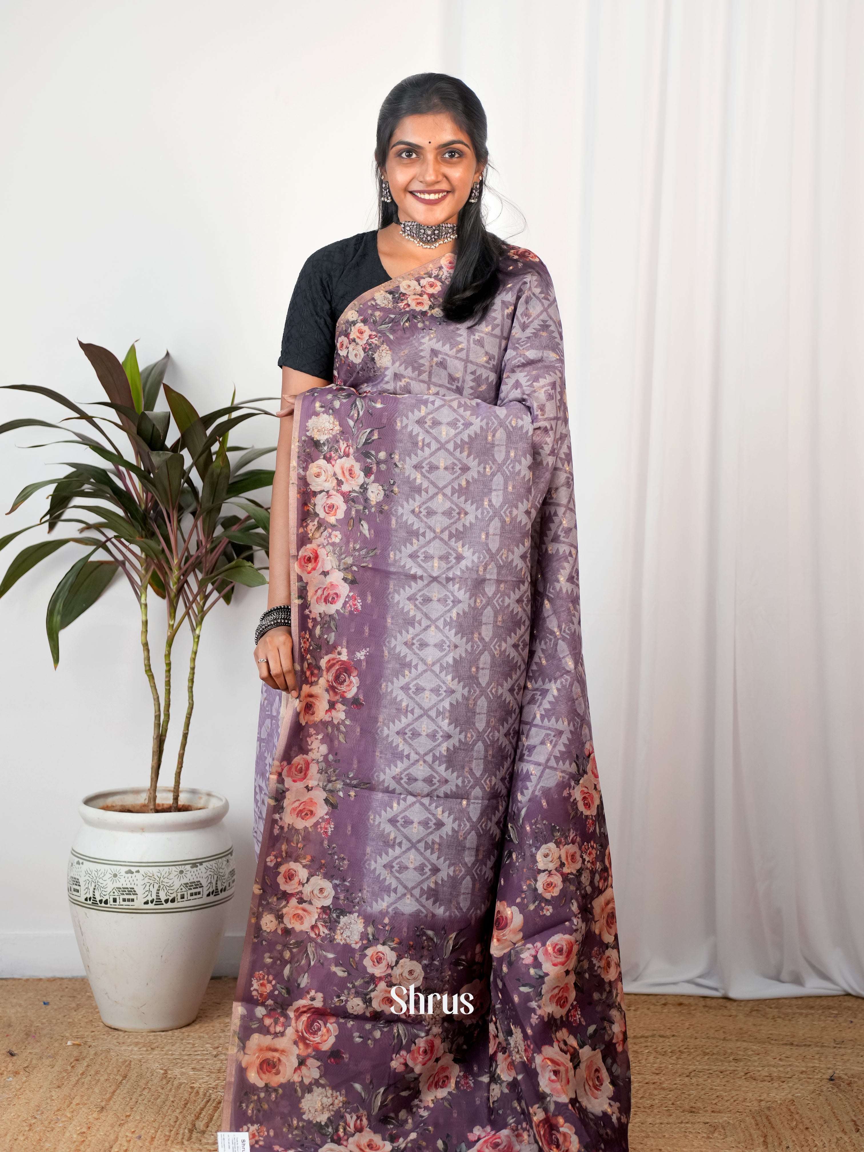 Purple - Semi Chanderi Saree - Shop on Shrus.com