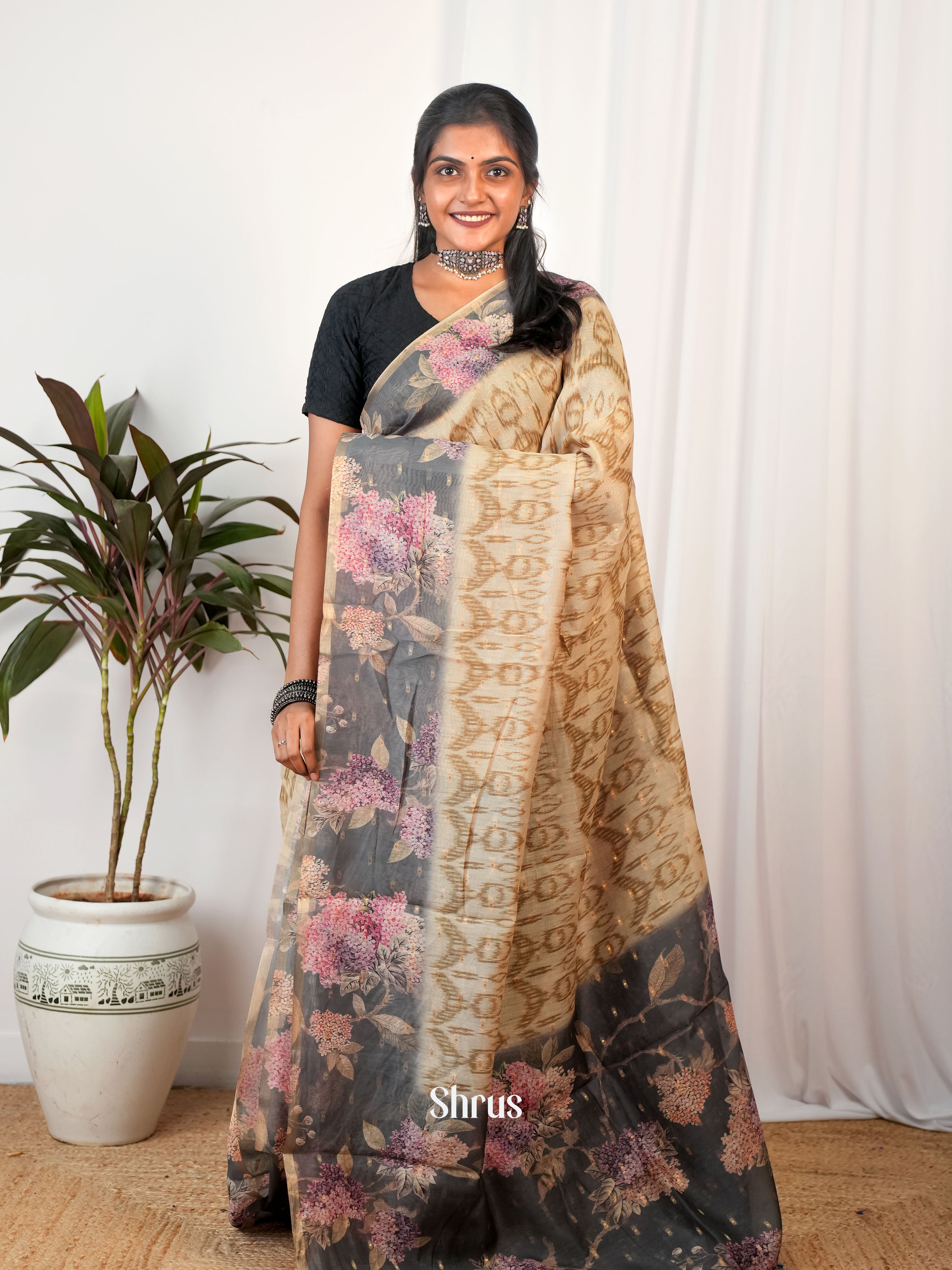Beige & Grey - Semi Chanderi Saree - Shop on Shrus.com