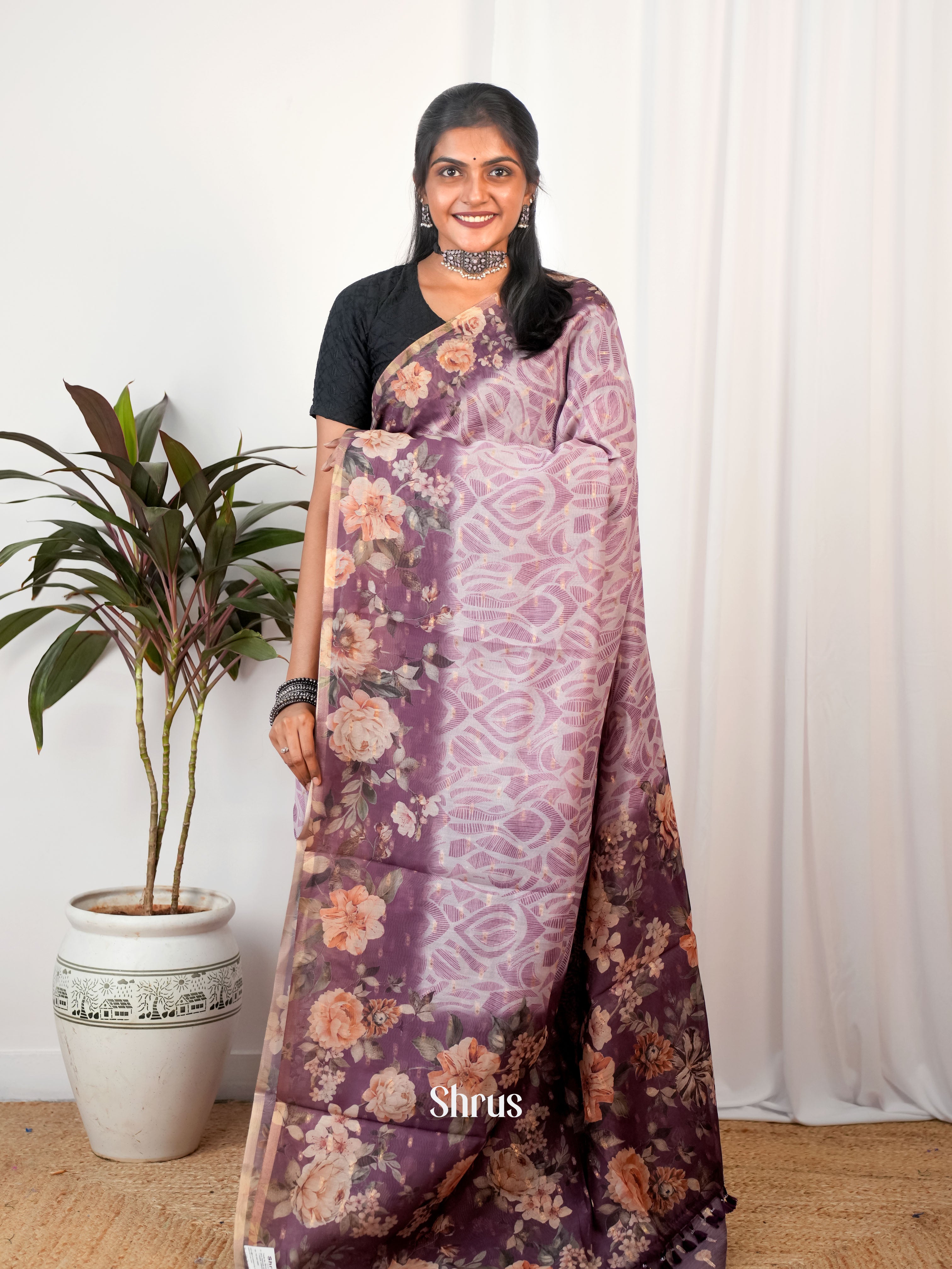 Mild Lavender & Purple- Semi Chanderi Saree - Shop on Shrus.com