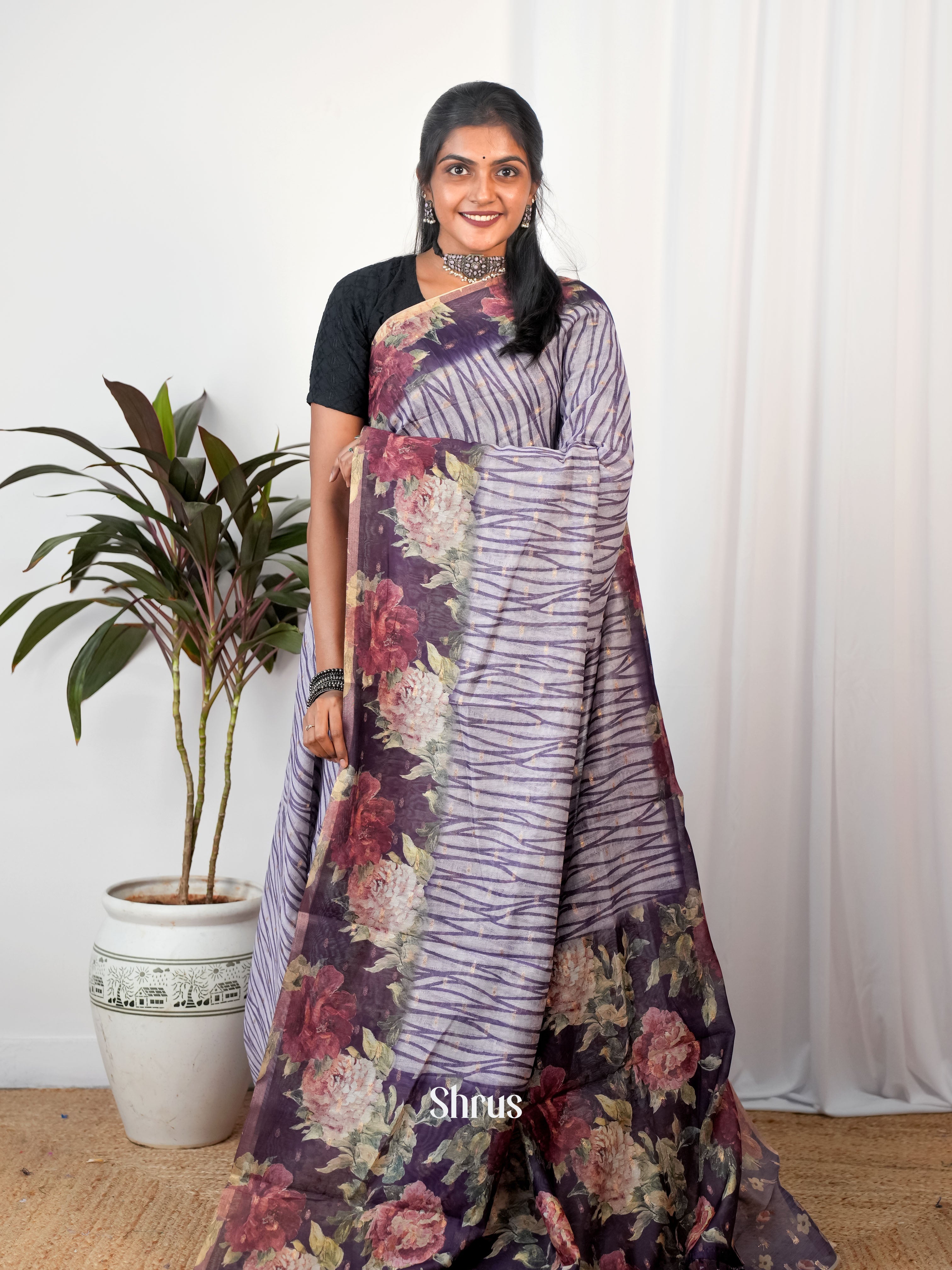 Mild Lavender & Purple - Semi Chanderi Saree - Shop on Shrus.com