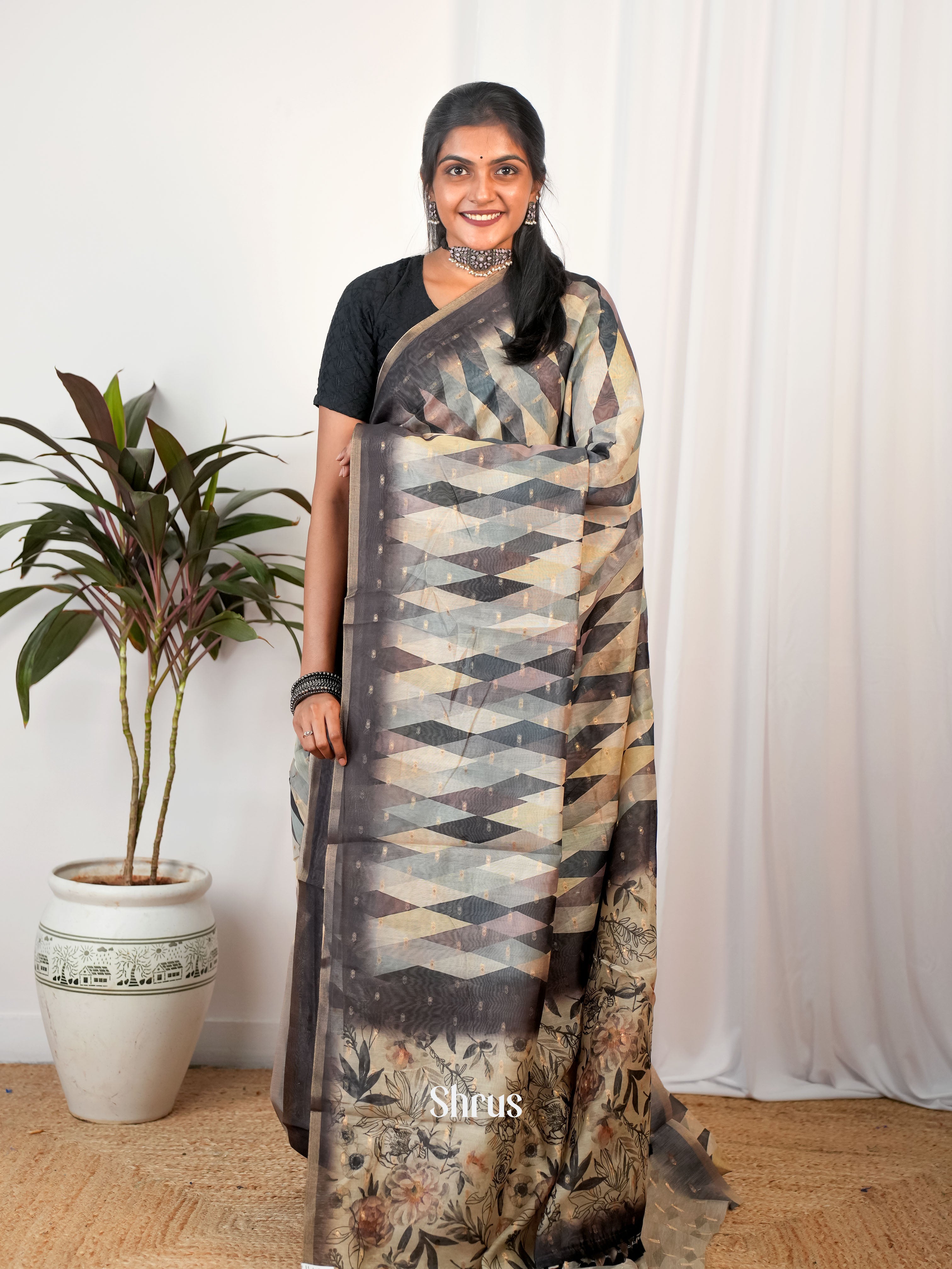 Cream & Purple - Semi Chanderi Saree - Shop on Shrus.com