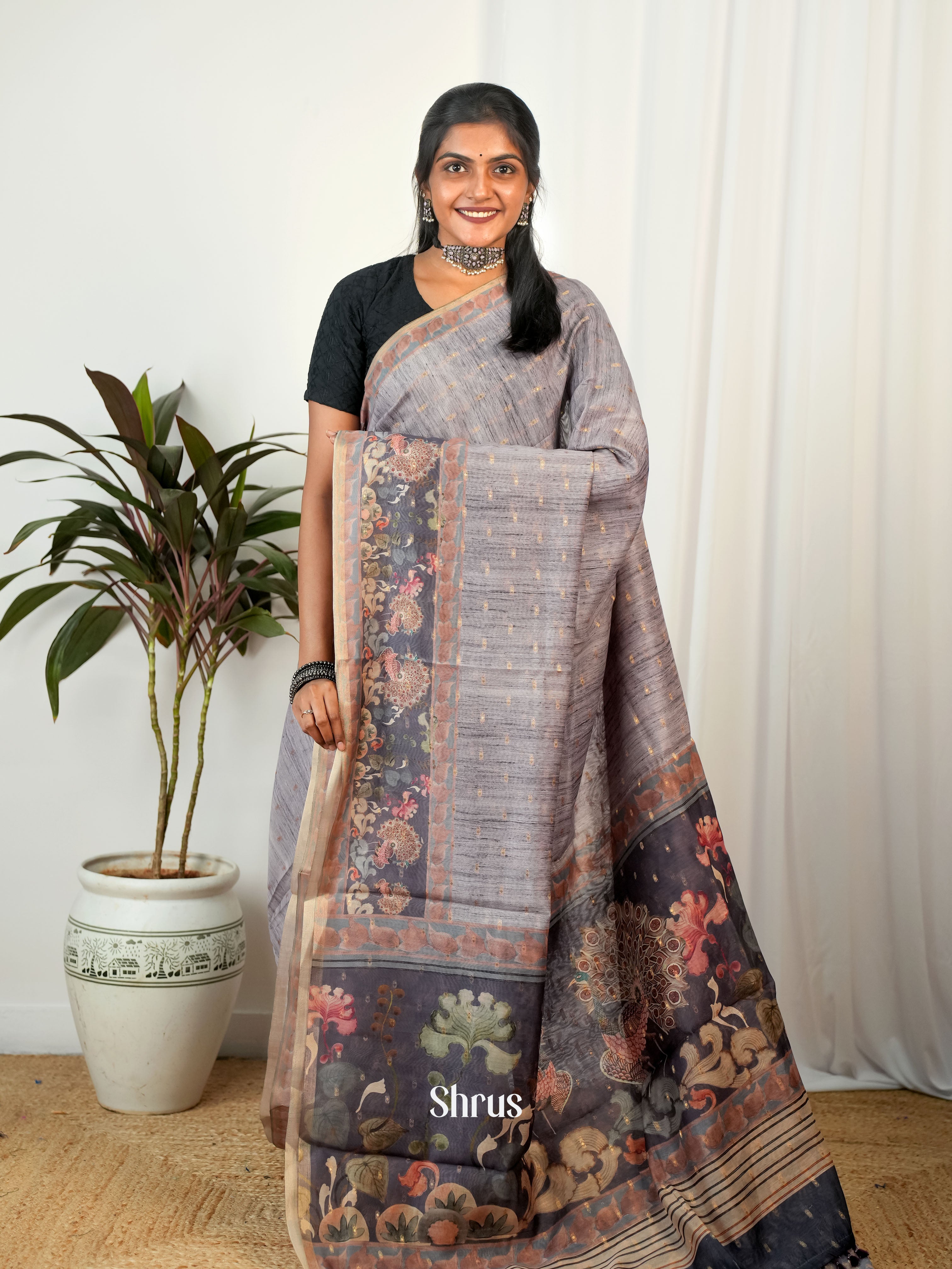 Grey- Semi Chanderi Saree - Shop on Shrus.com