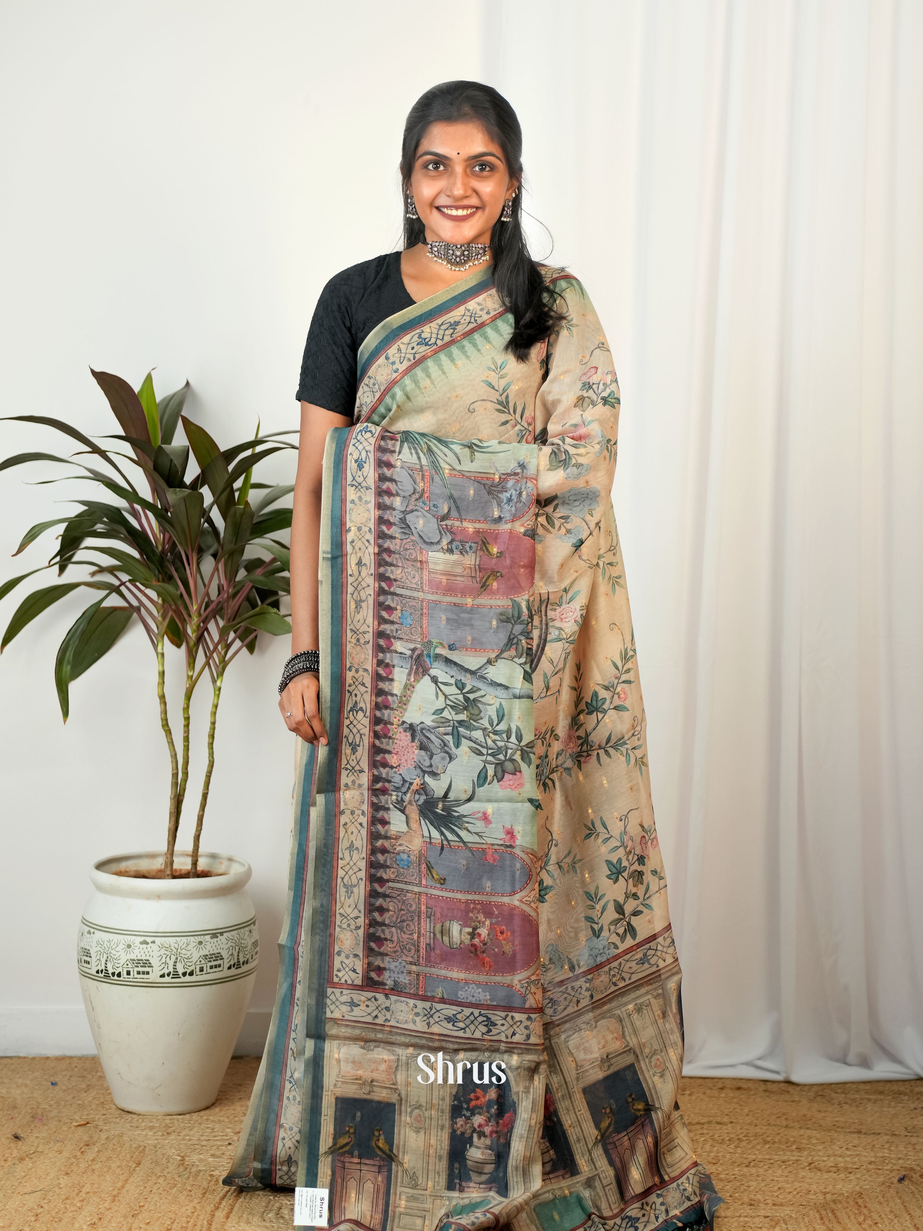 Cream & Green- Semi Chanderi Saree - Shop on Shrus.com