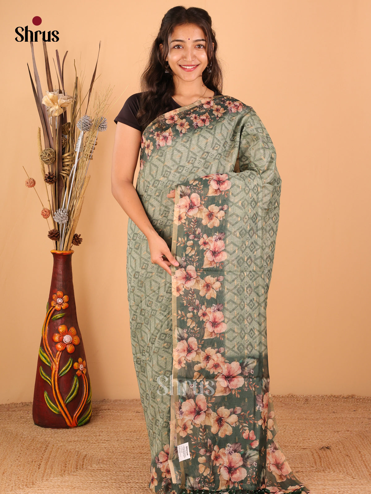 Green - Semi Chanderi - CIS18398 - Shop on Shrus.com