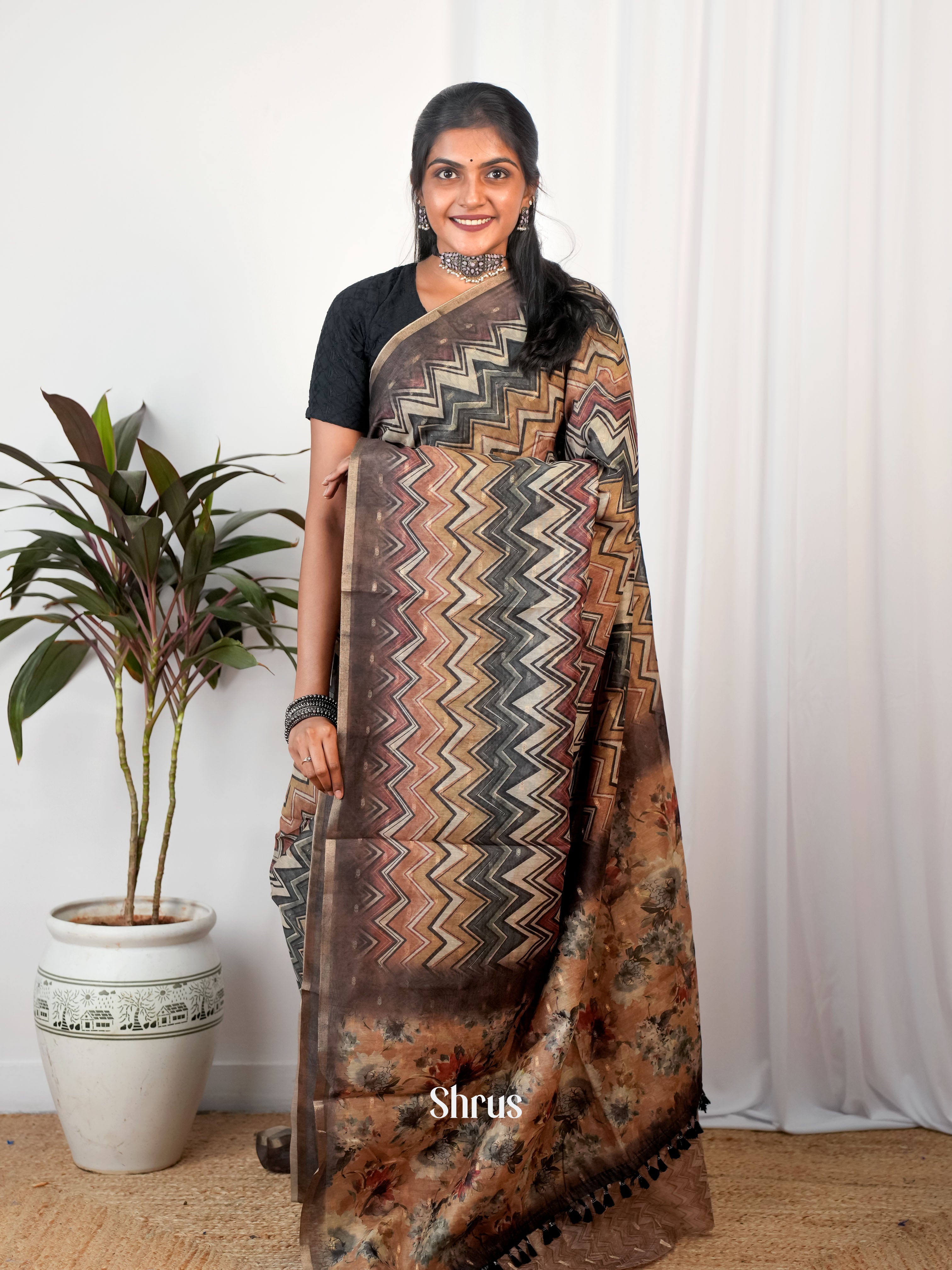 Multicolor & Brown- Semi Chanderi Saree - Shop on Shrus.com