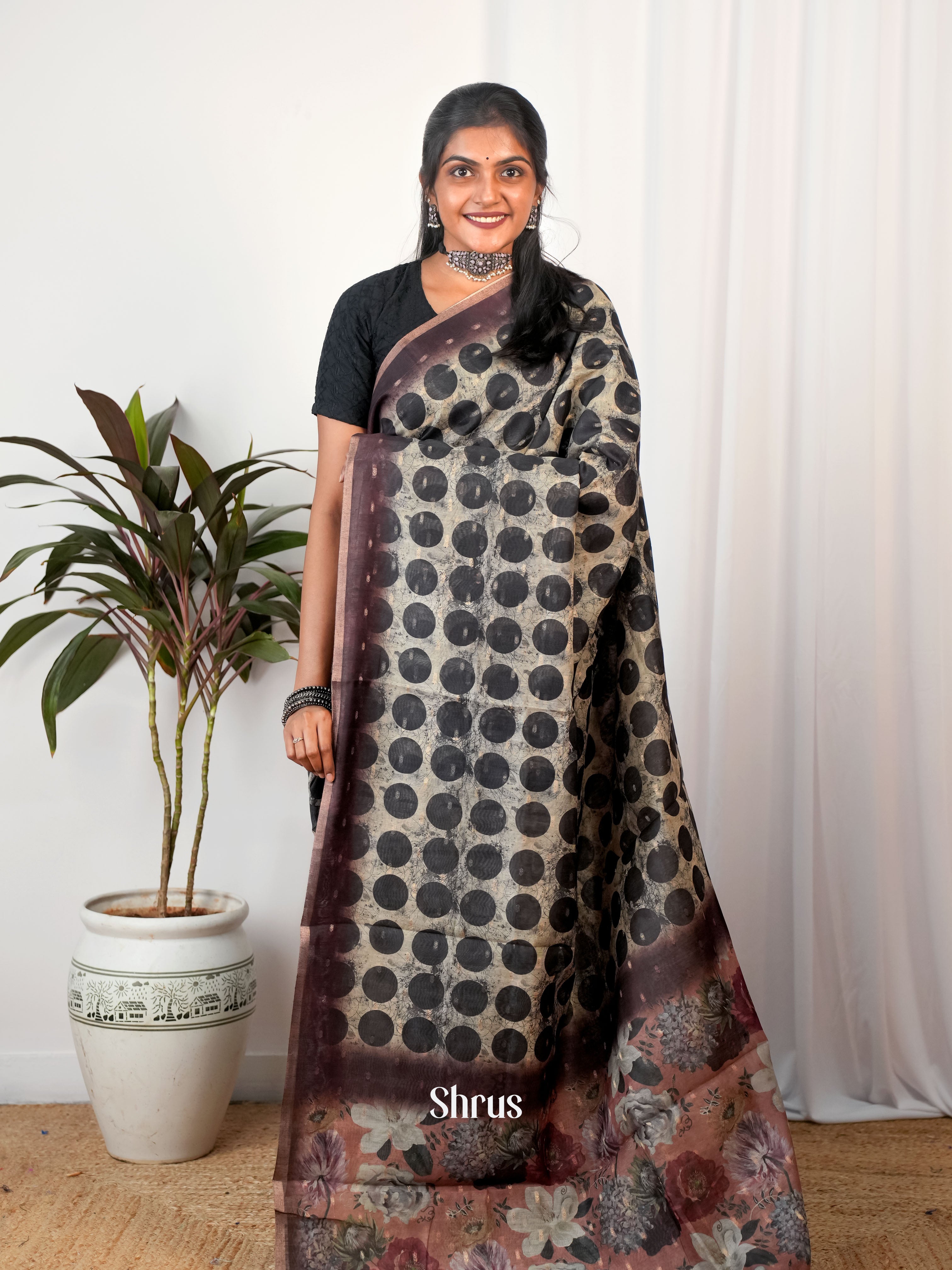 Black & Grey - Semi Chanderi Saree - Shop on Shrus.com