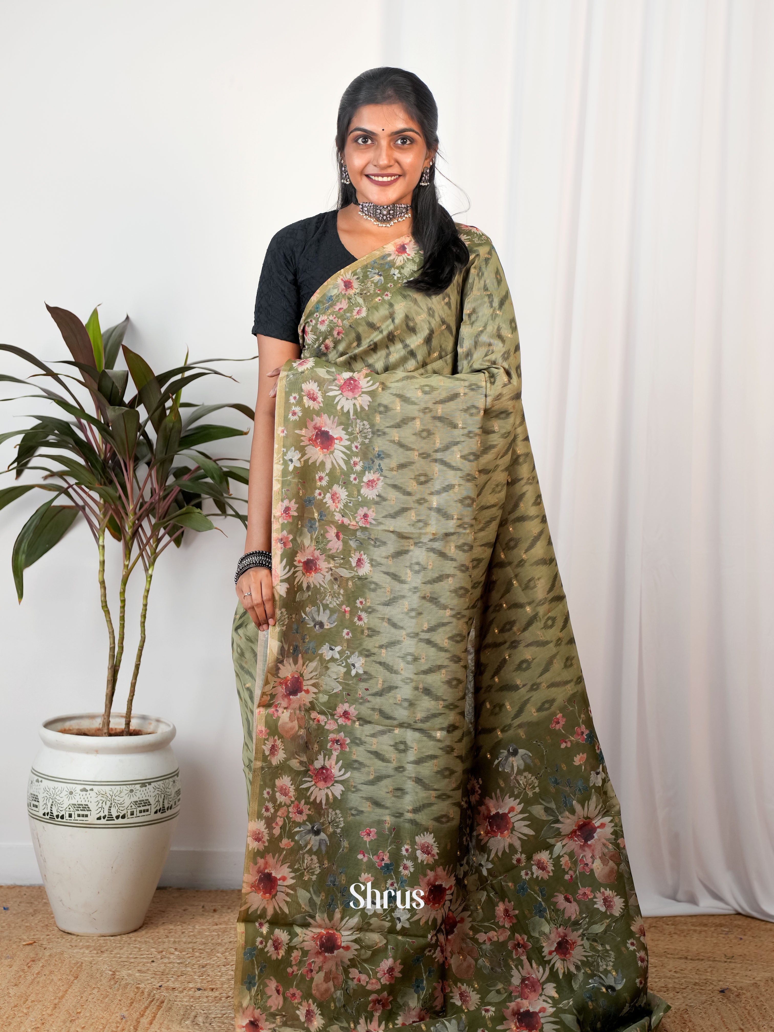 Pastel Green - Semi Chanderi Saree - Shop on Shrus.com