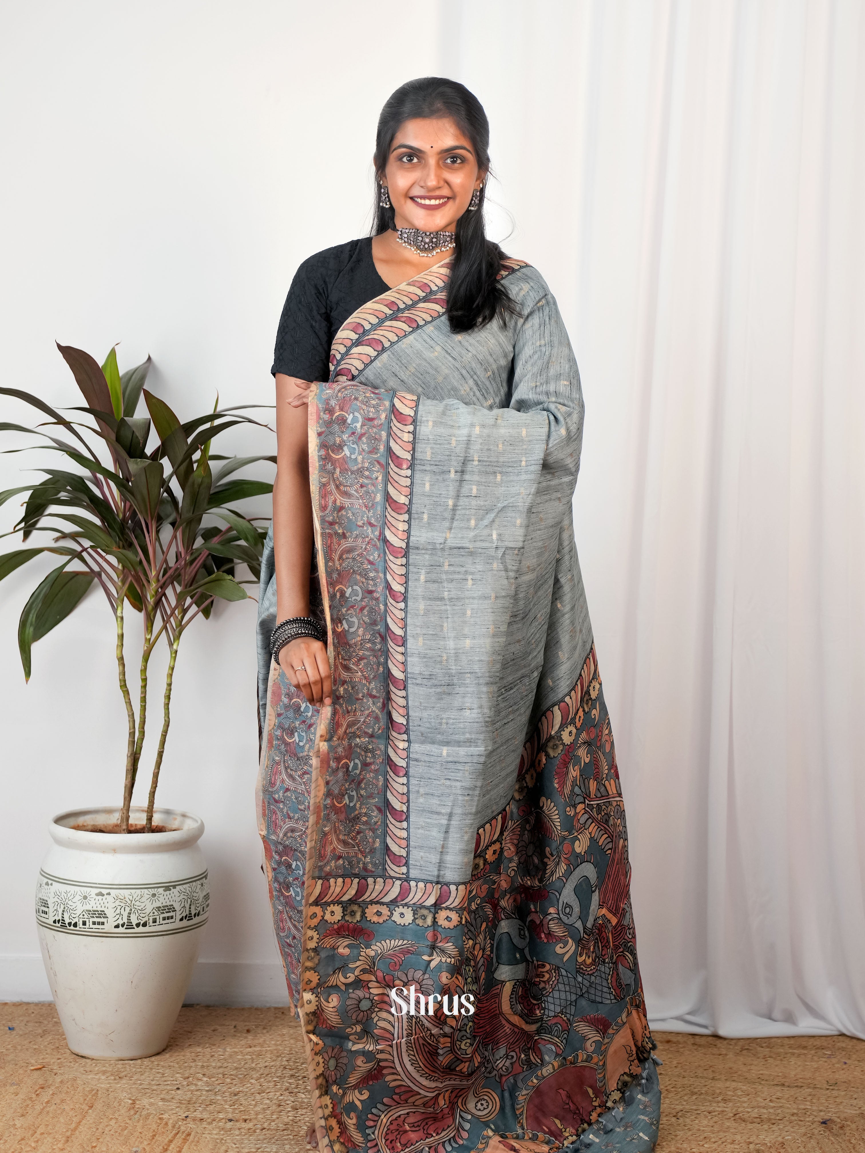 Grey- Semi Chanderi Saree - Shop on Shrus.com