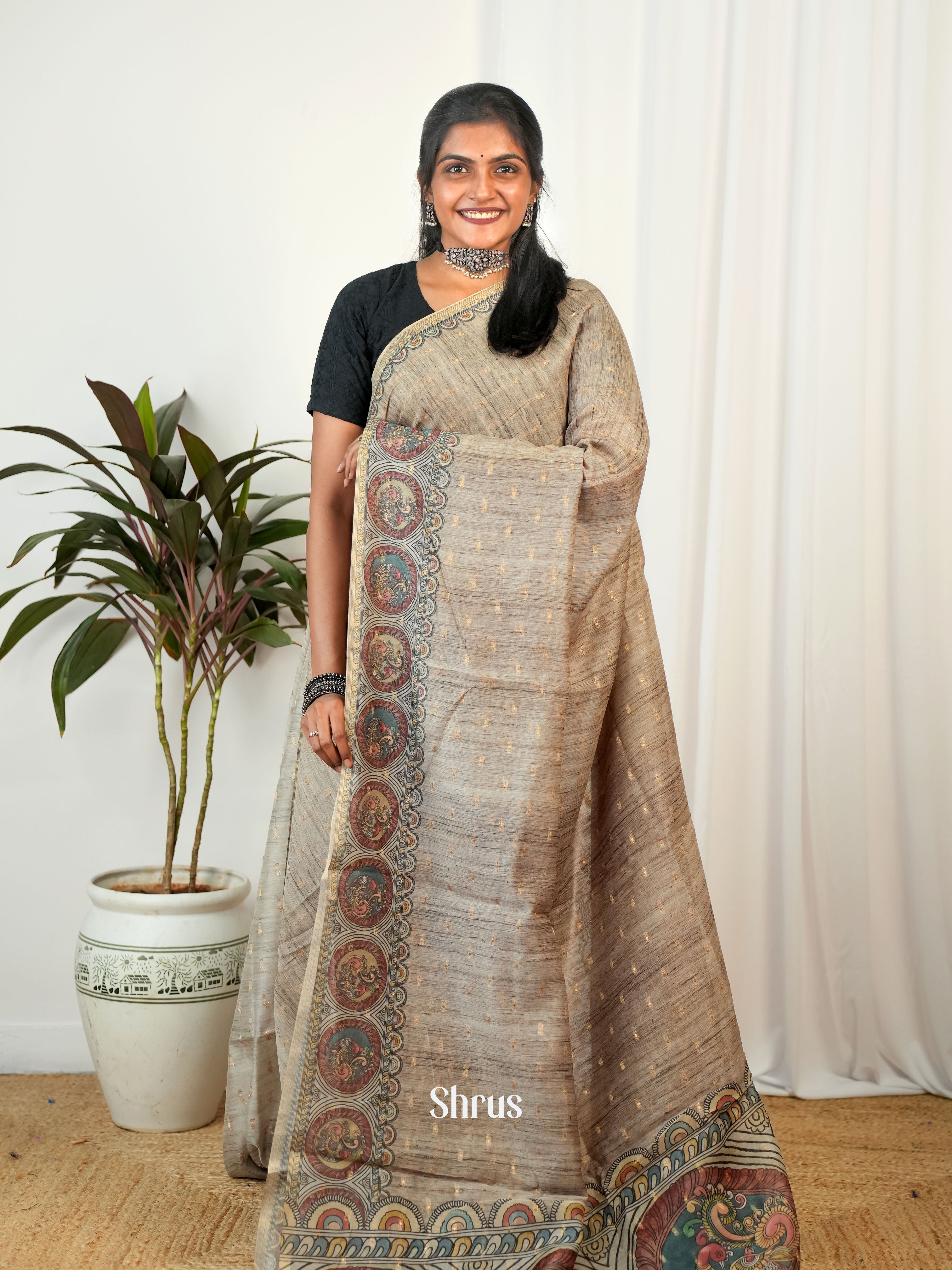 Grey & Brown - Semi Chanderi Saree - Shop on Shrus.com