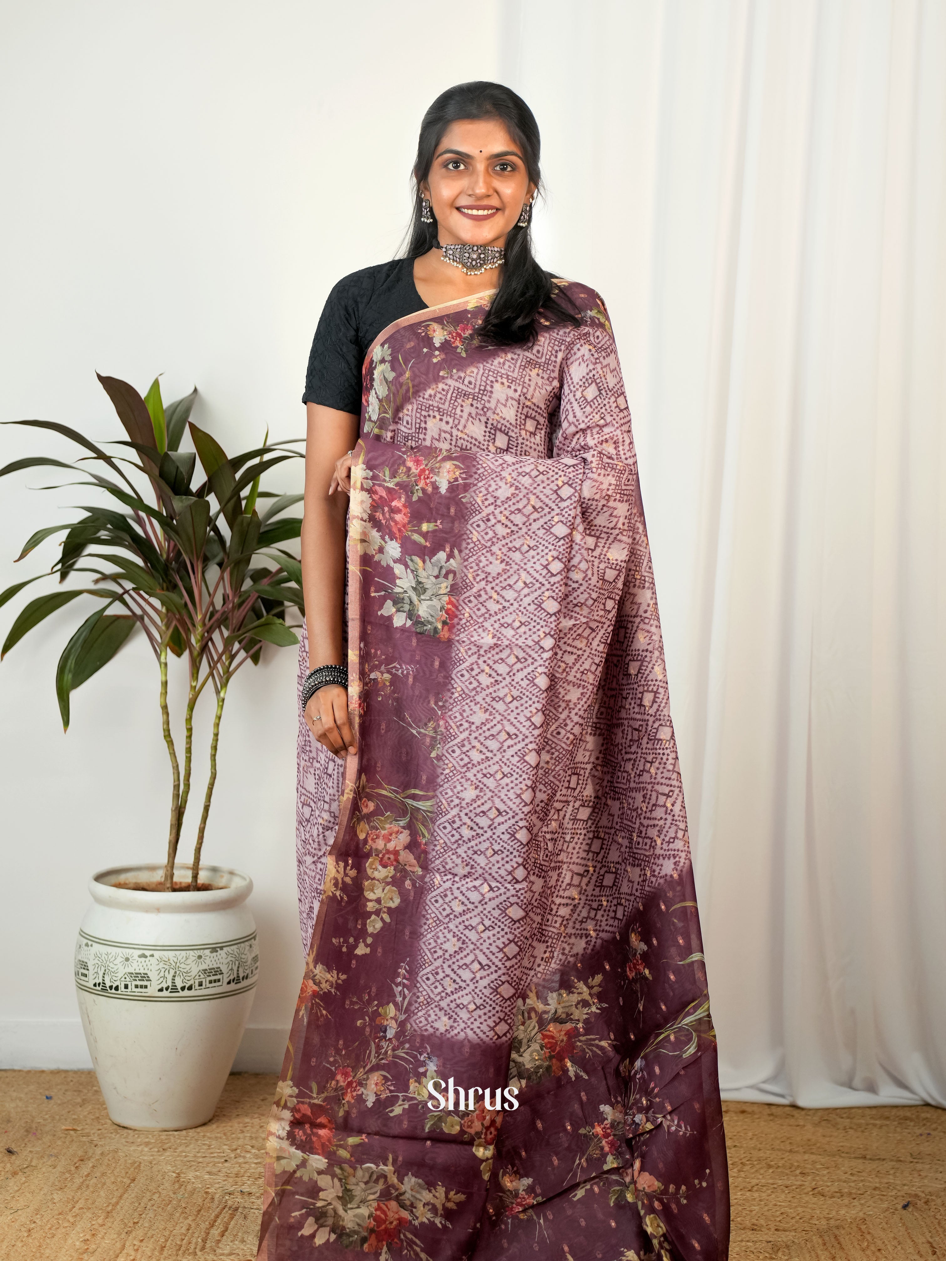 Purple - Semi Chanderi Saree - Shop on Shrus.com