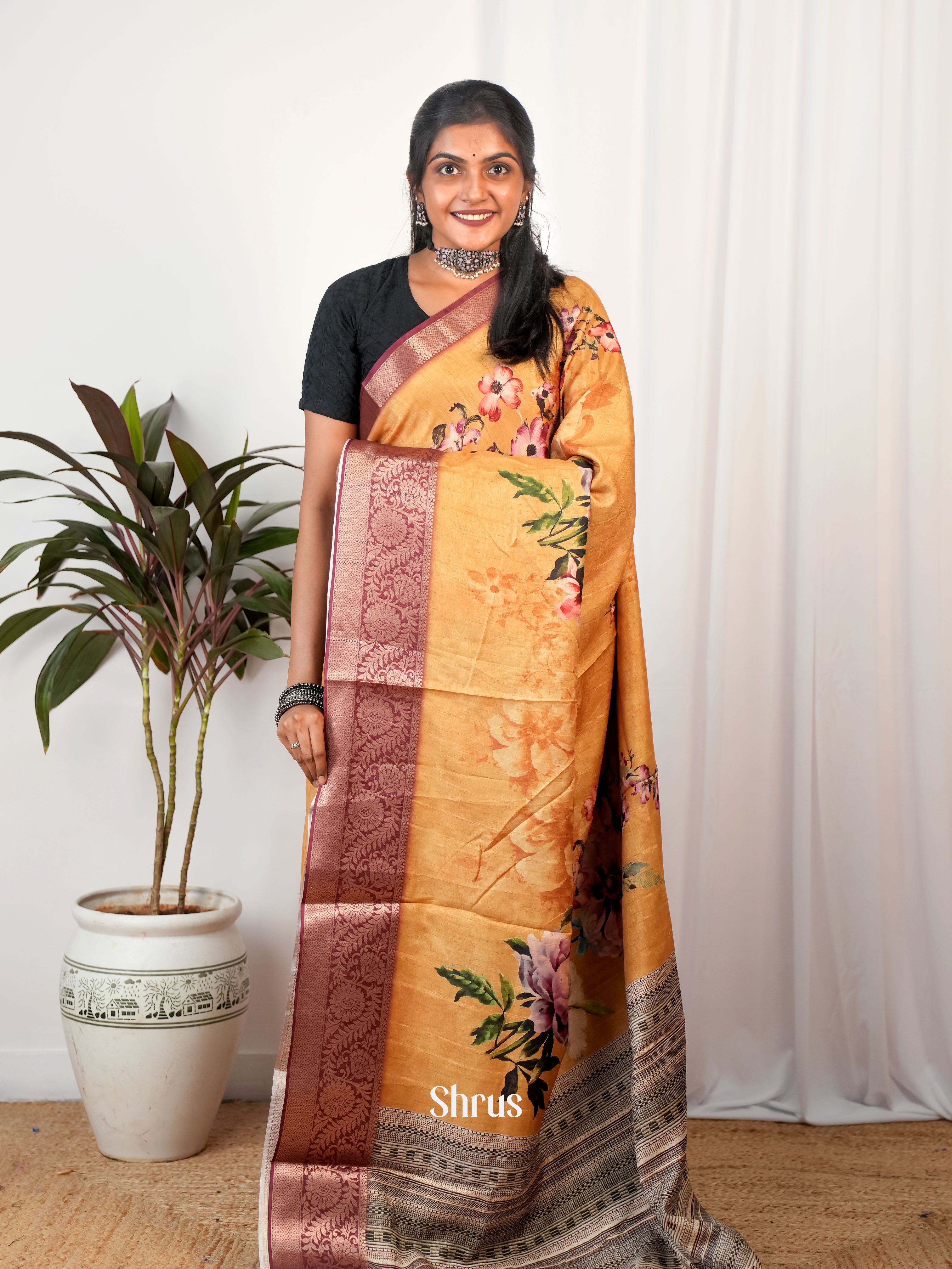 Orange & Brown - Semi Chanderi Saree - Shop on Shrus.com