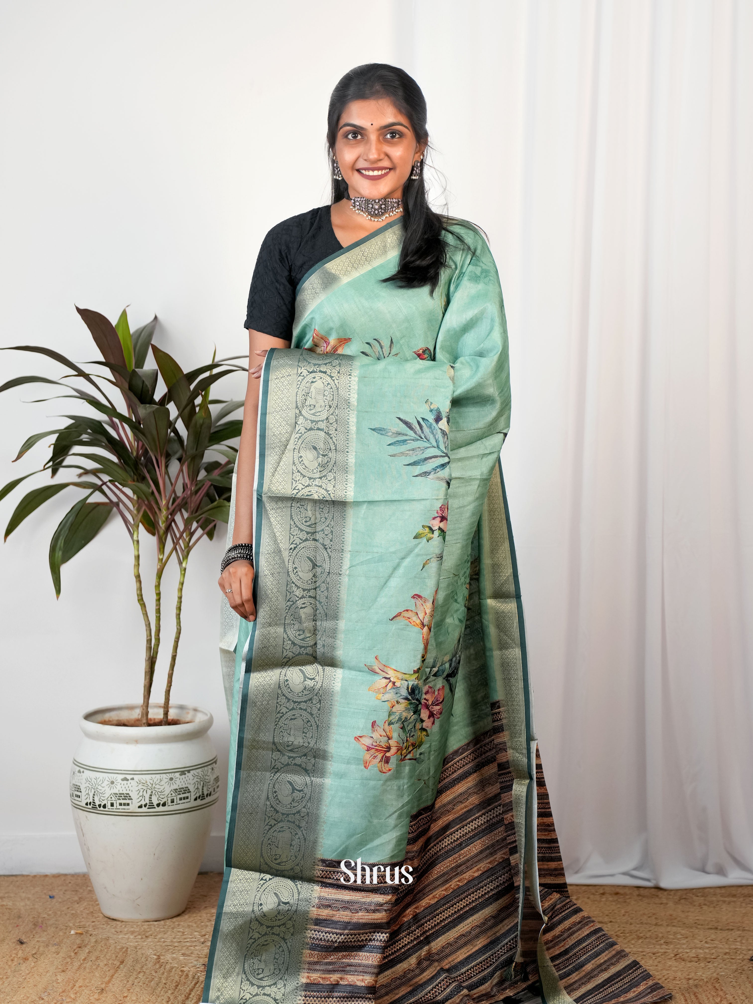 Pastel Green - Semi Chanderi Saree - Shop on Shrus.com