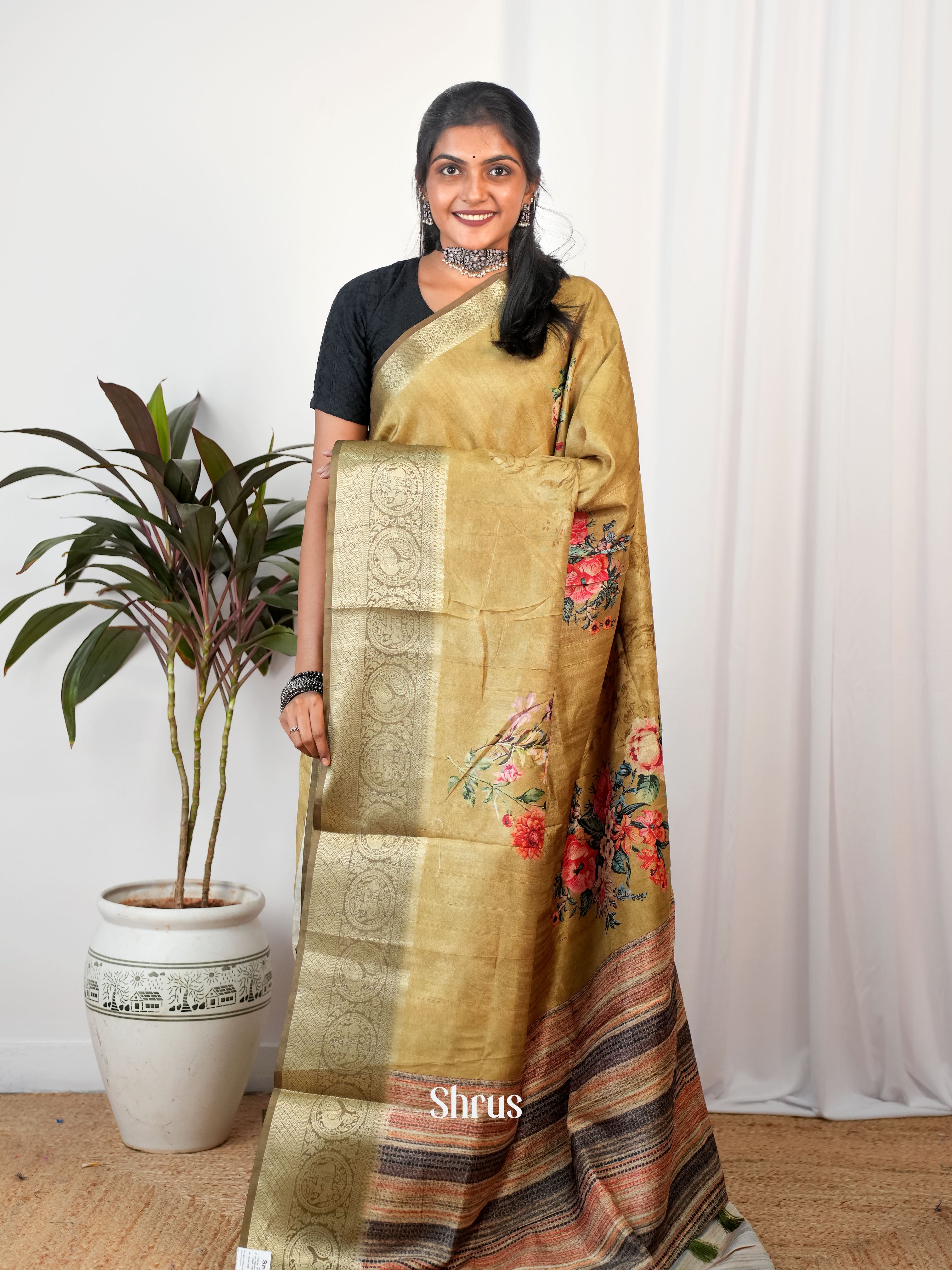 Beige- Semi Chanderi Saree - Shop on Shrus.com