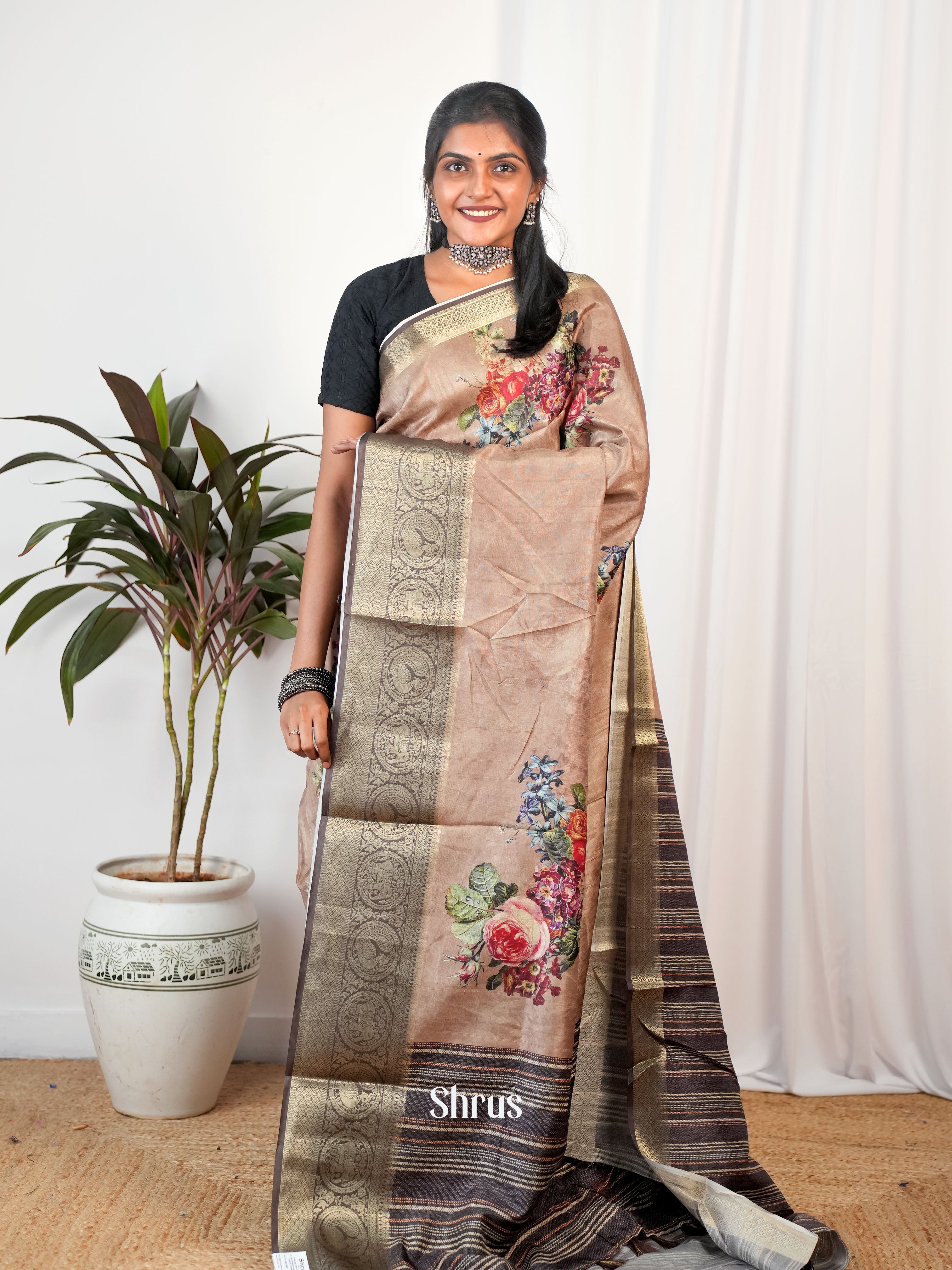 Brown - Semi Chanderi Saree - Shop on Shrus.com