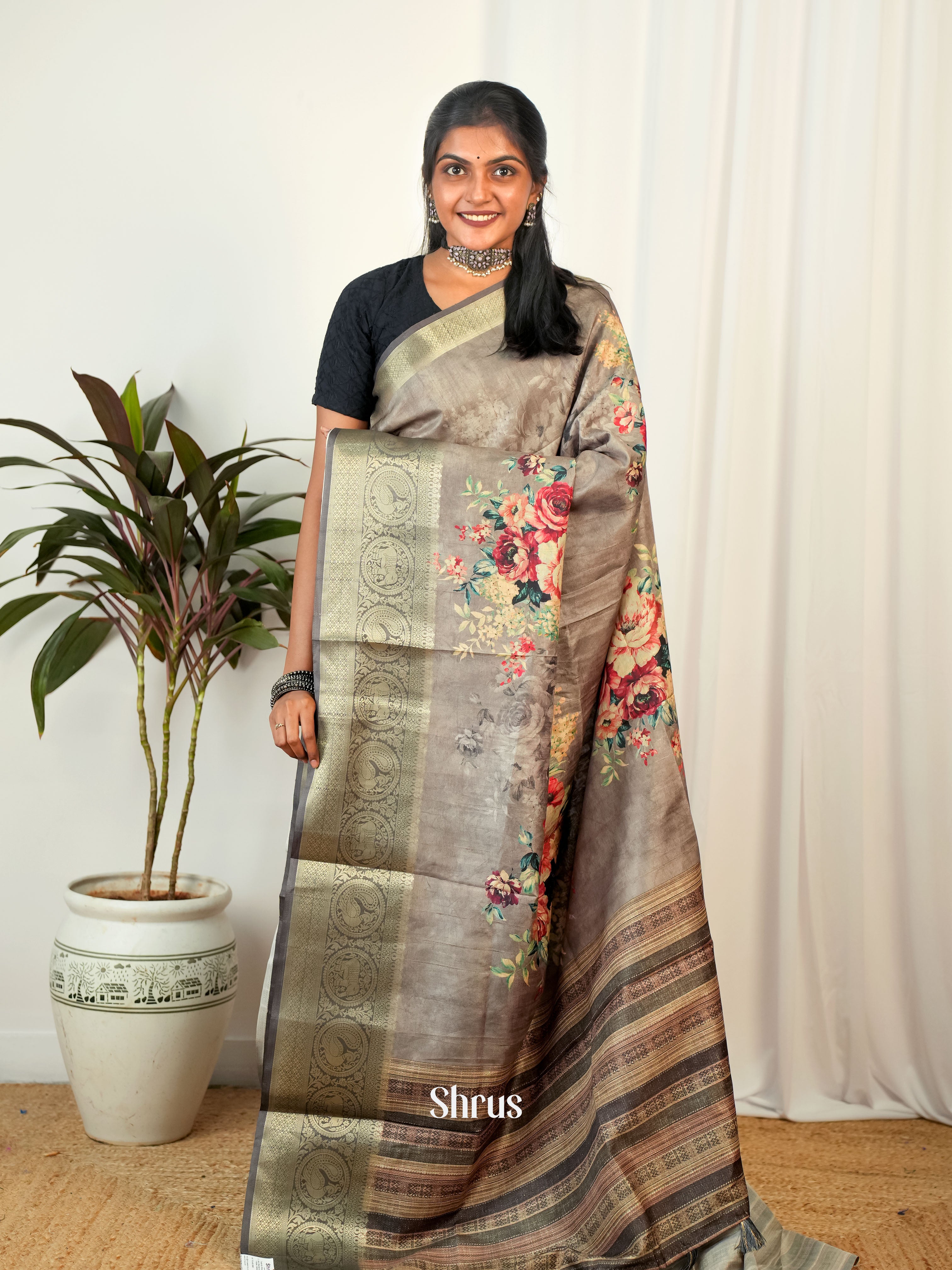 Grey - Semi Chanderi Saree - Shop on Shrus.com