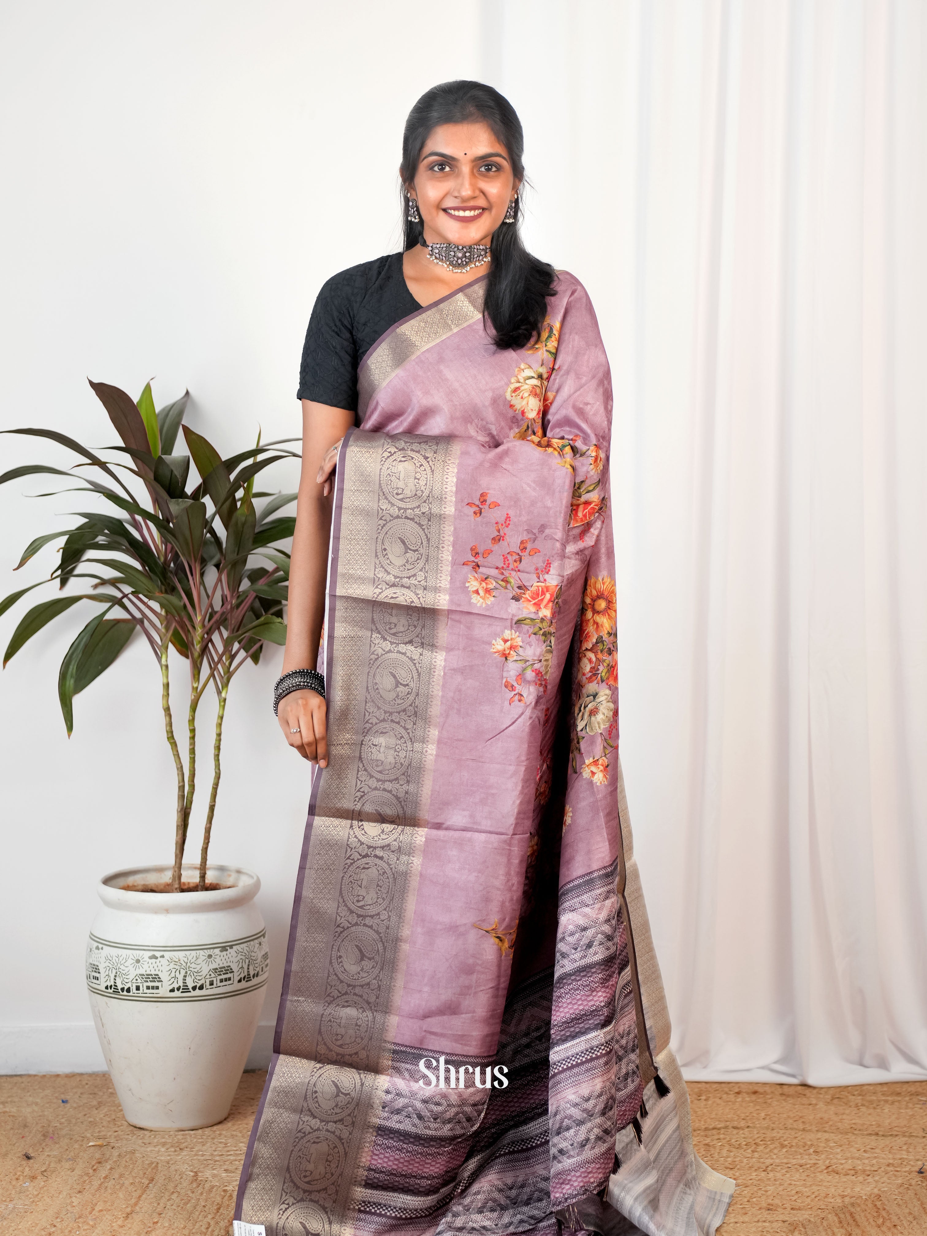 Purple - Semi Chanderi Saree - Shop on Shrus.com