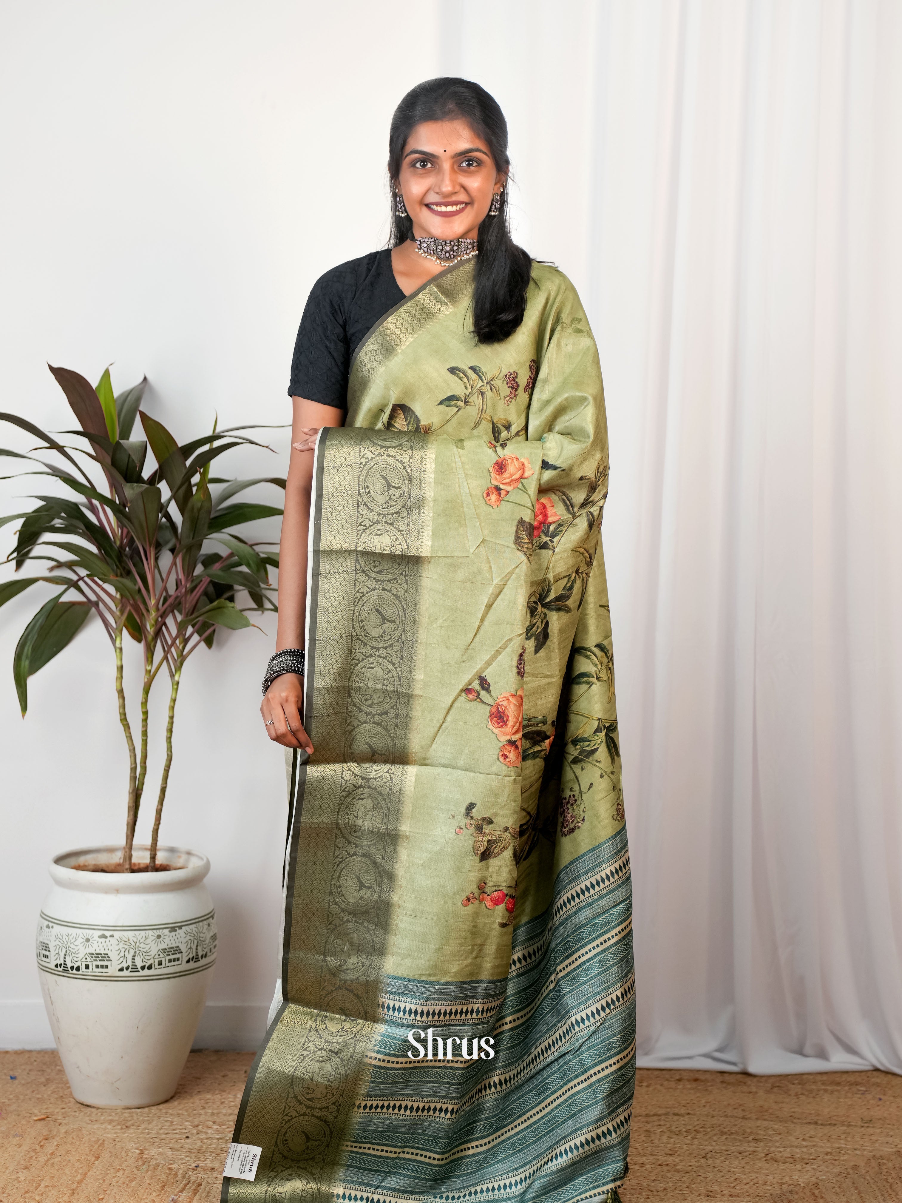 Green - Semi Chanderi Saree - Shop on Shrus.com