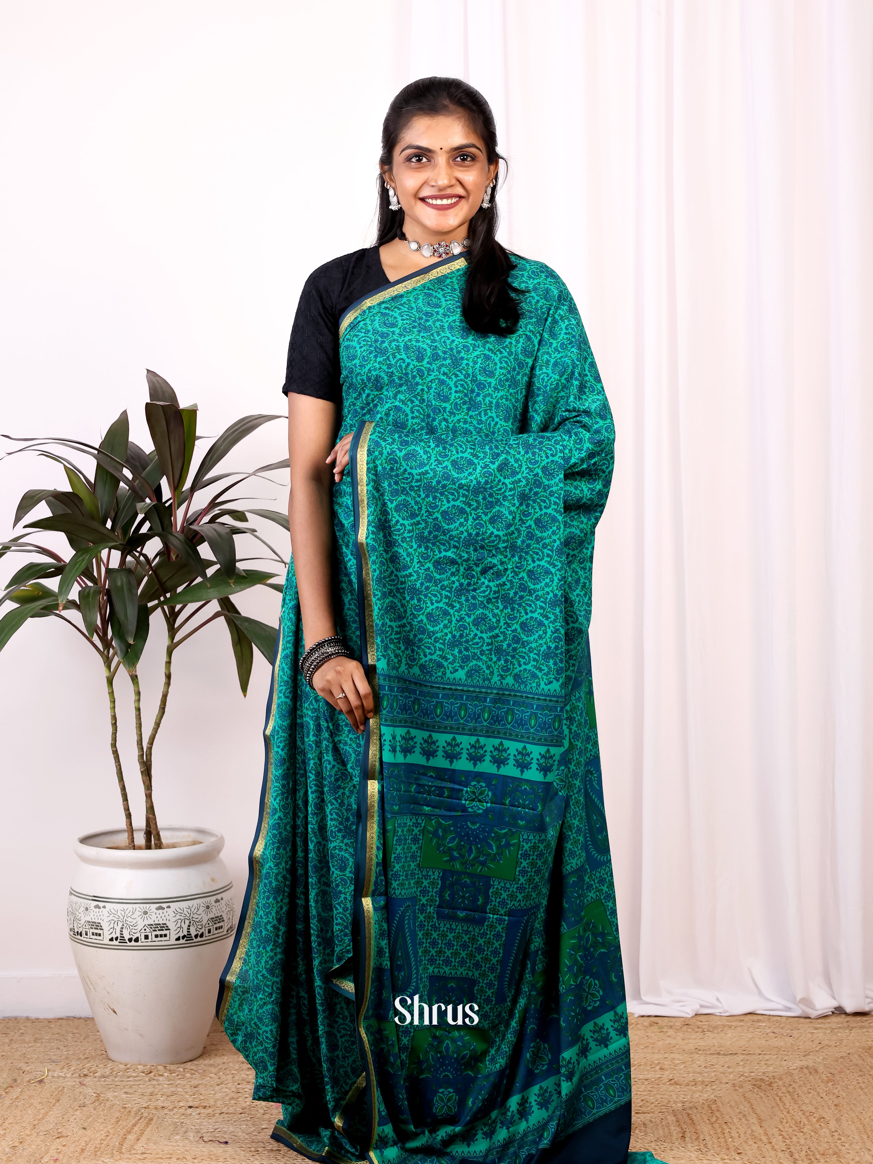 Green- Semi Mysoresilk Saree - Shop on Shrus.com