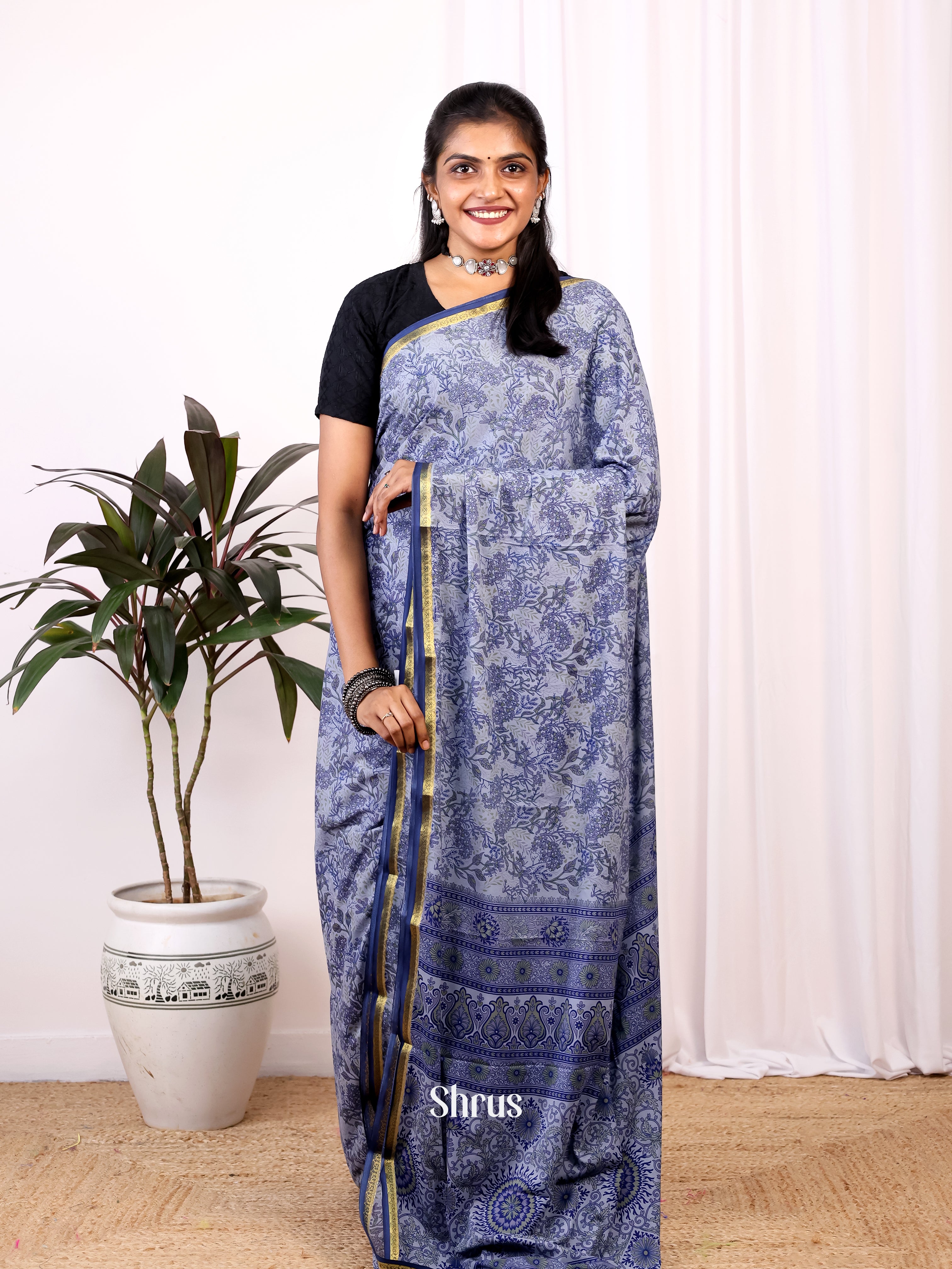 Grey& Blue - Semi Mysoresilk Saree - Shop on Shrus.com